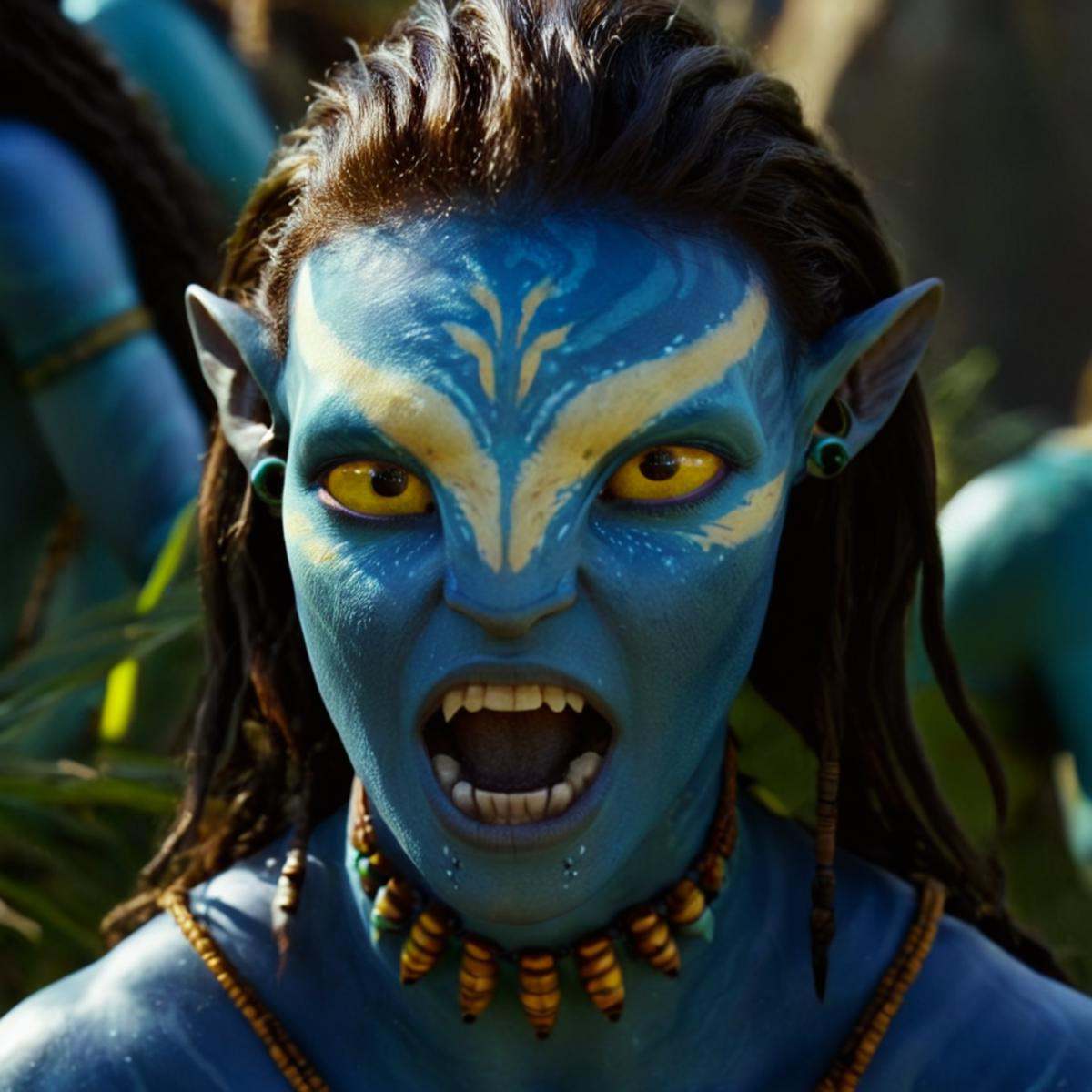cinematic film still of 1 In 2154 on planet Pandora Navi blue skin indigenous species a sceraming angry woman with a face...