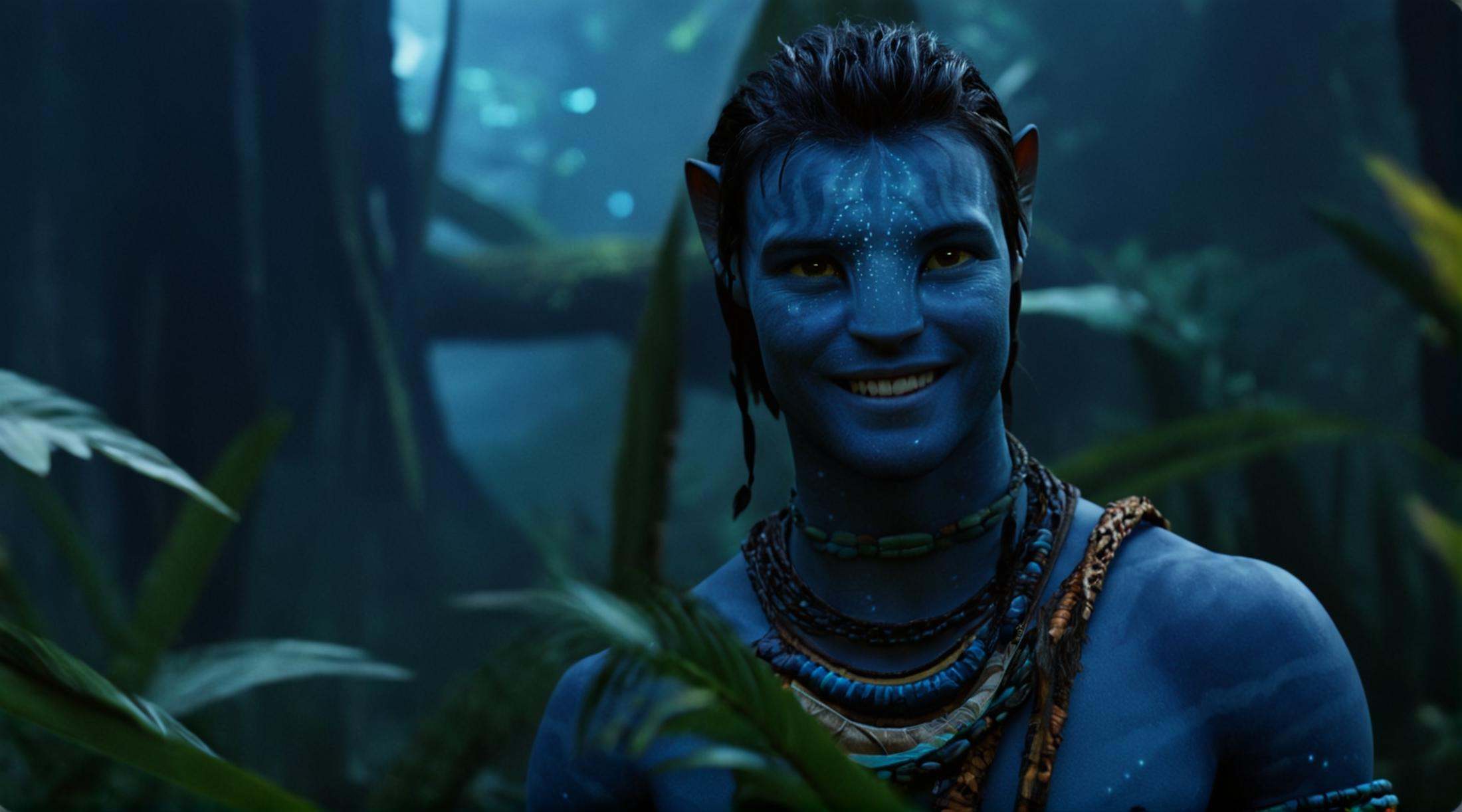 cinematic film still of 1 Chiaroscuro Lighting Style In 2154 on planet Pandora Navi blue skin indigenous species a man wit...