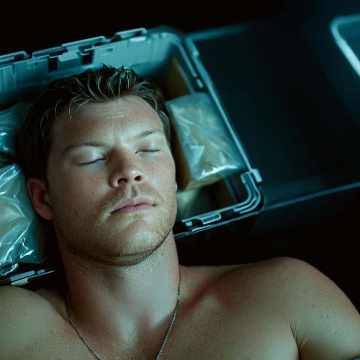 cinematic film still of 1 In 2154 on planet Pandora Human Race Sam Worthington as Jake Sully a man laying in a box with hi...