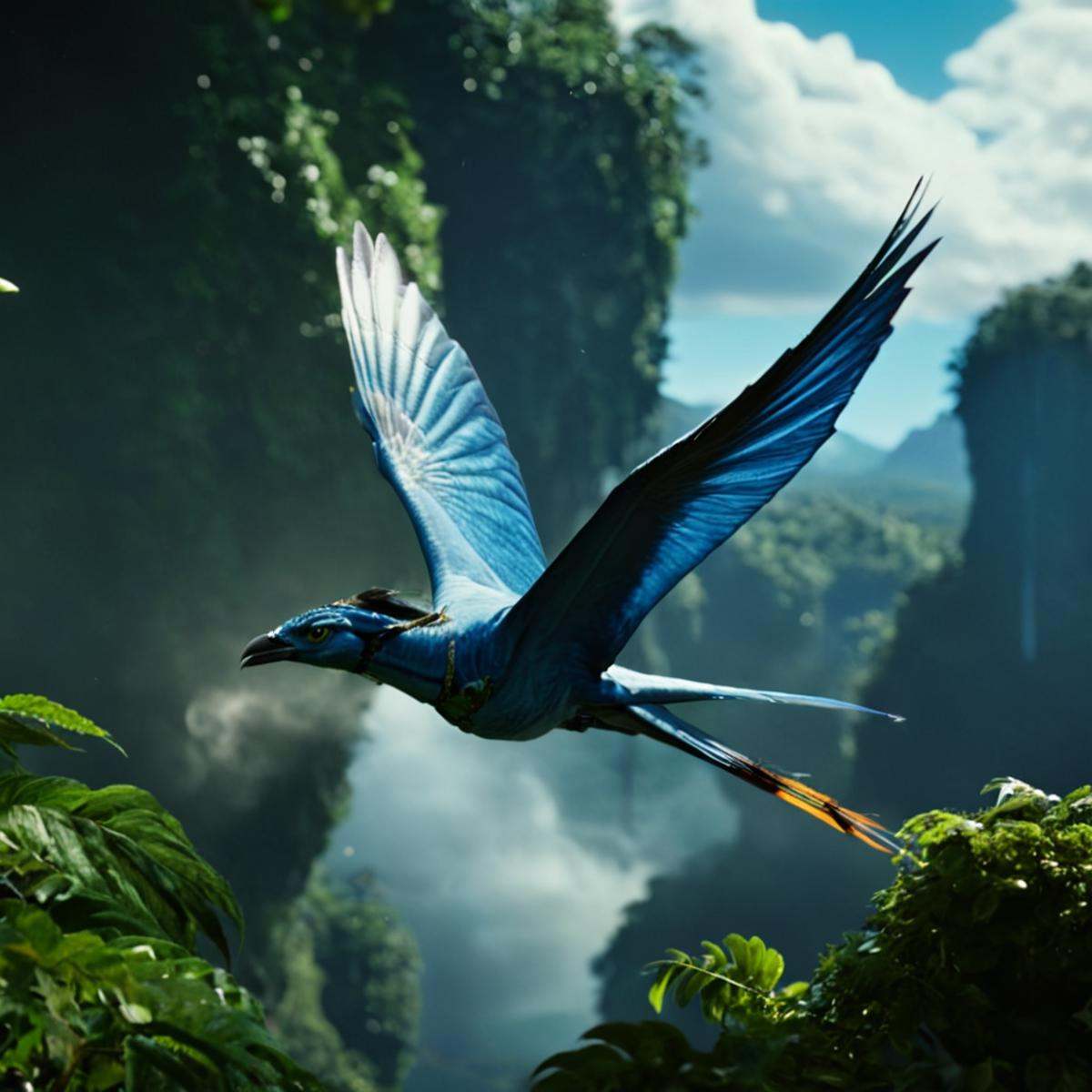 cinematic film still of 1 In 2154 on planet Pandora Navi blue skin indigenous species a blue bird flying over a lush green...