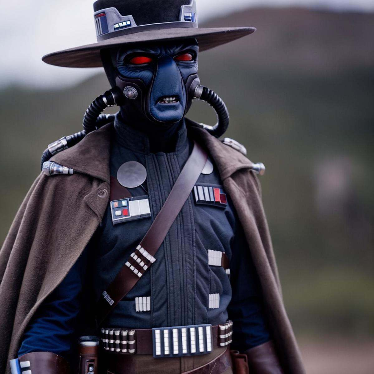 cinematic film still of Cad Bane a blue skin big red eyes western man with breathing tubes in a hat and a cape with a bull...