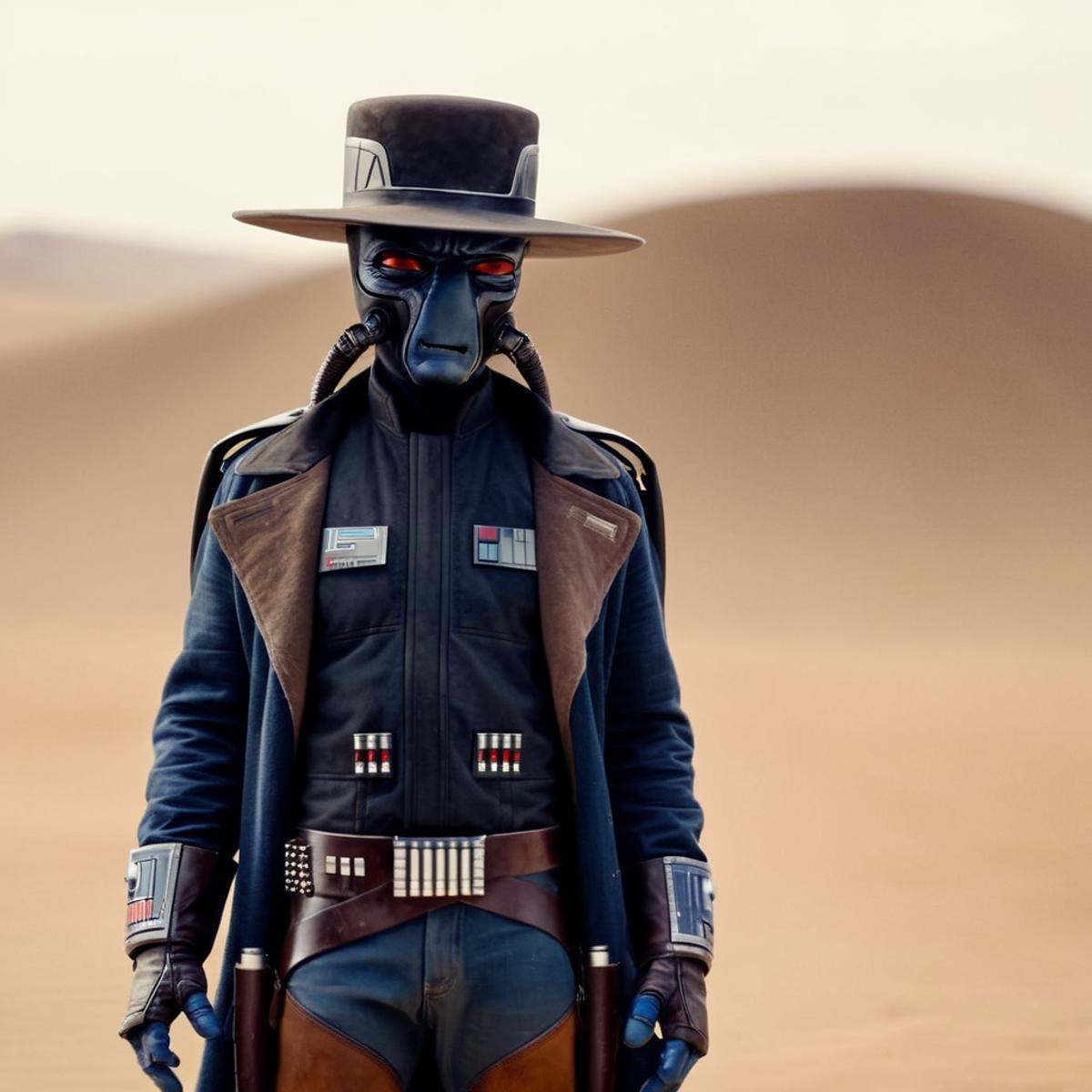 cinematic film still of Cad Bane a blue skin big red eyes wild west creature with breathing tubes in a cowboy hat and a ja...