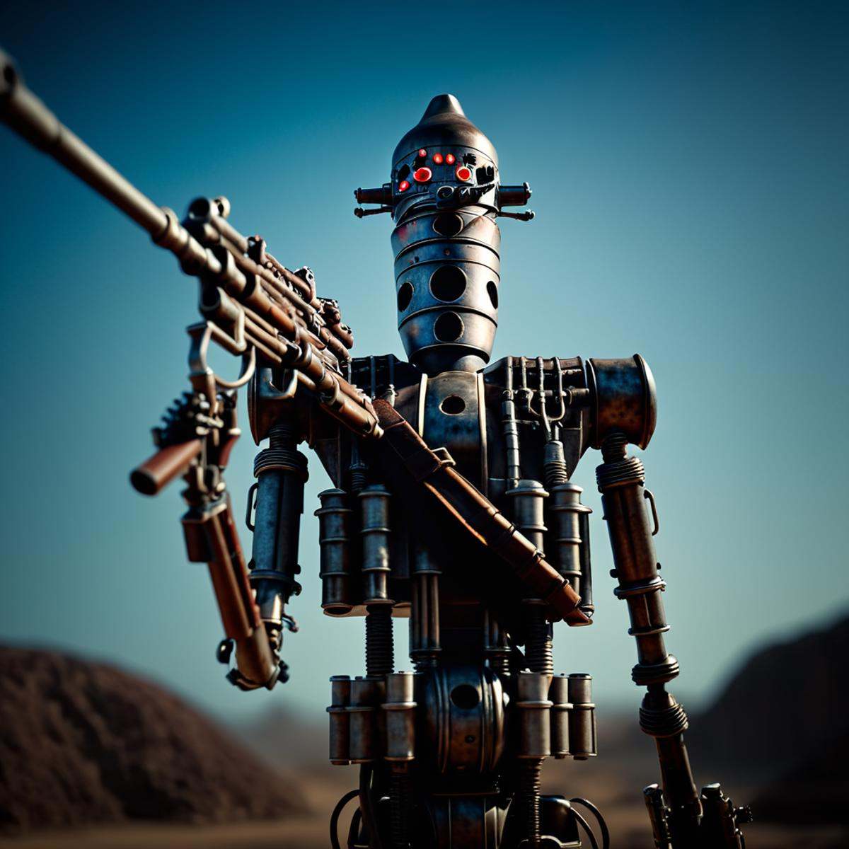 cinematic film still of IG-88 droid a robot with a gun and a light on In Star Wars Universe,  solo,  weapon on Tensor.Art