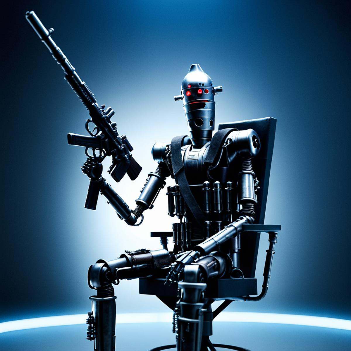 cinematic film still of IG-88 droid a robot sitting on a chair with a gun In Star Wars Universe,  solo,  simple background...