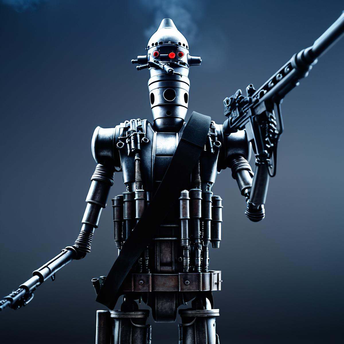 cinematic film still of IG-88 droid a robot with a gun and a helmet In Star Wars Universe,  solo,  weapon on Tensor.Art