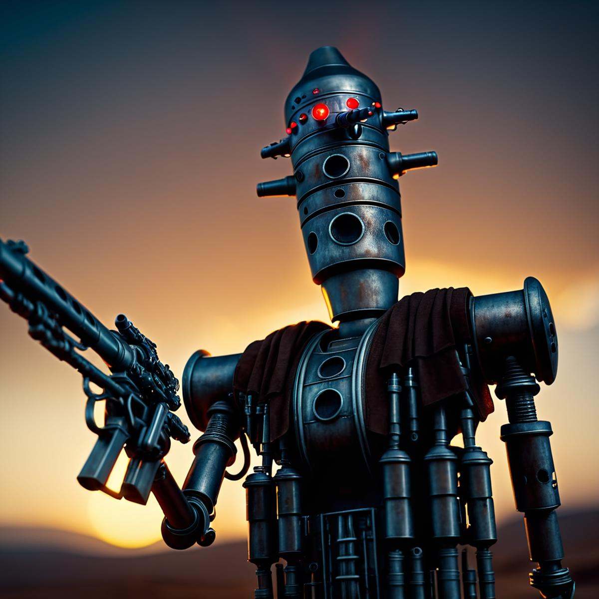 cinematic film still of IG-88 droid a robot with a gun and a light on In Star Wars Universe,  solo,  weapon on Tensor.Art