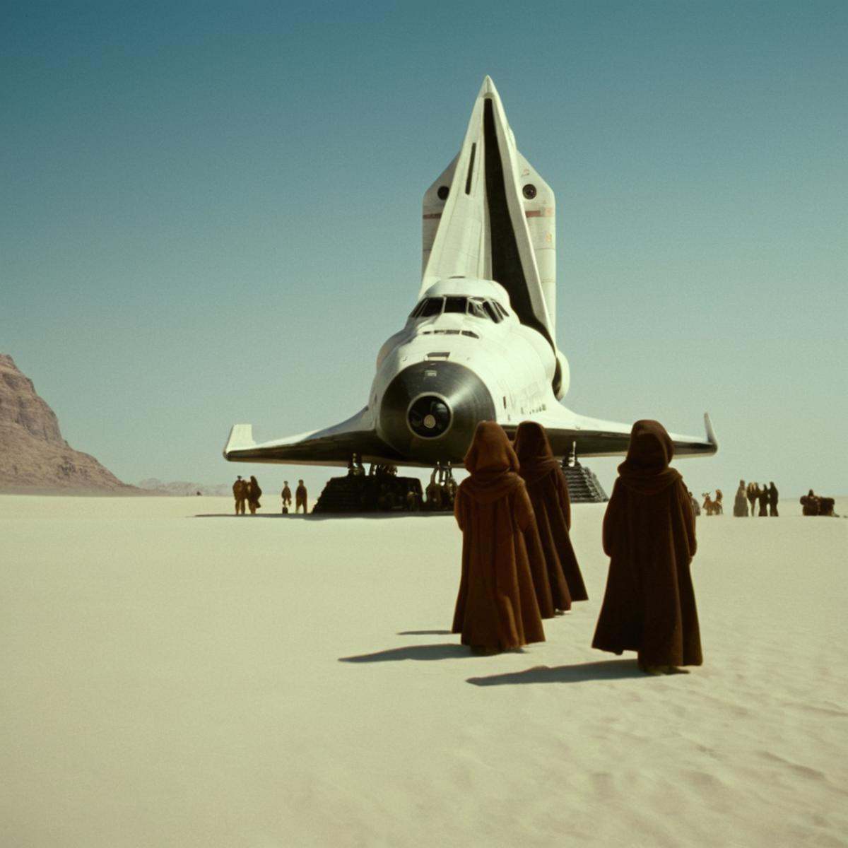 cinematic film still of detailed perfect Jawa a painting of a desert with people standing around in front of a giant space...