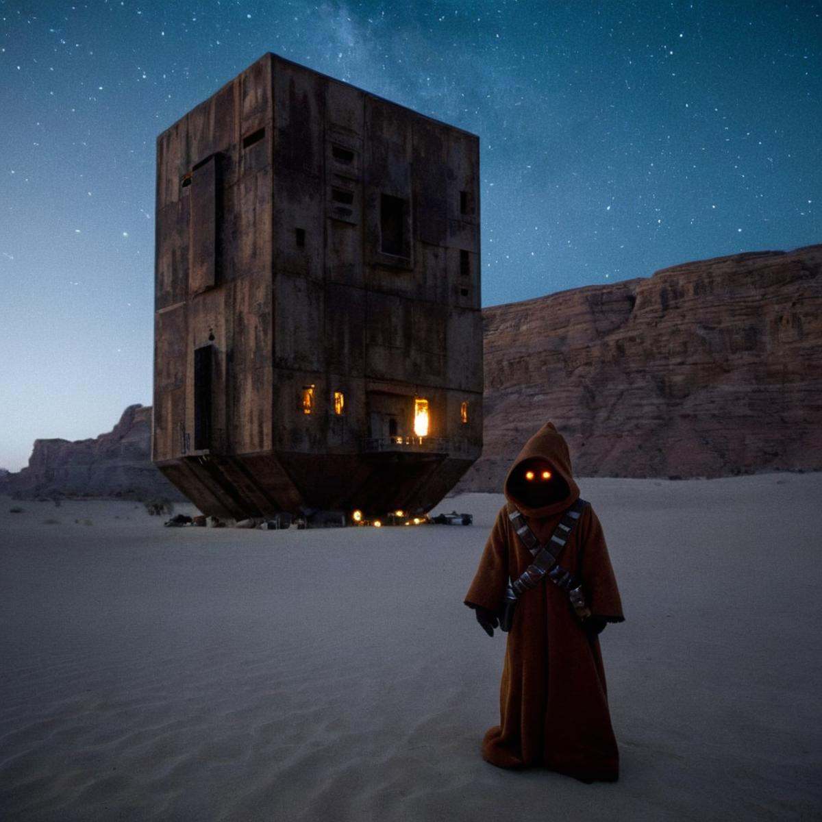 cinematic film still of detailed perfect Jawa a man standing in front of a large rusted building,  in star wars universe,...