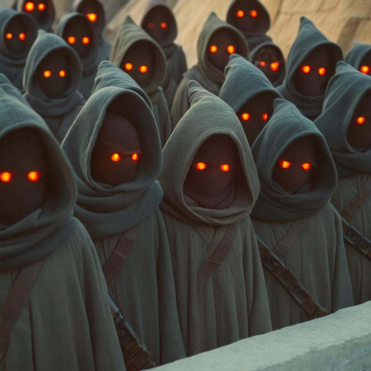 cinematic film still of detailed perfect Jawa a group of hooded people with red eyes,  in star wars universe,  red eyes on...