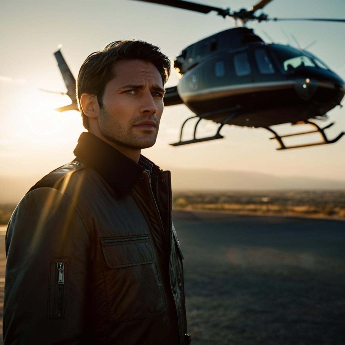 cinematic film still of 1 lens flare reflection a man standing in front of a helicopter,  solo,  black hair on Tensor.Art