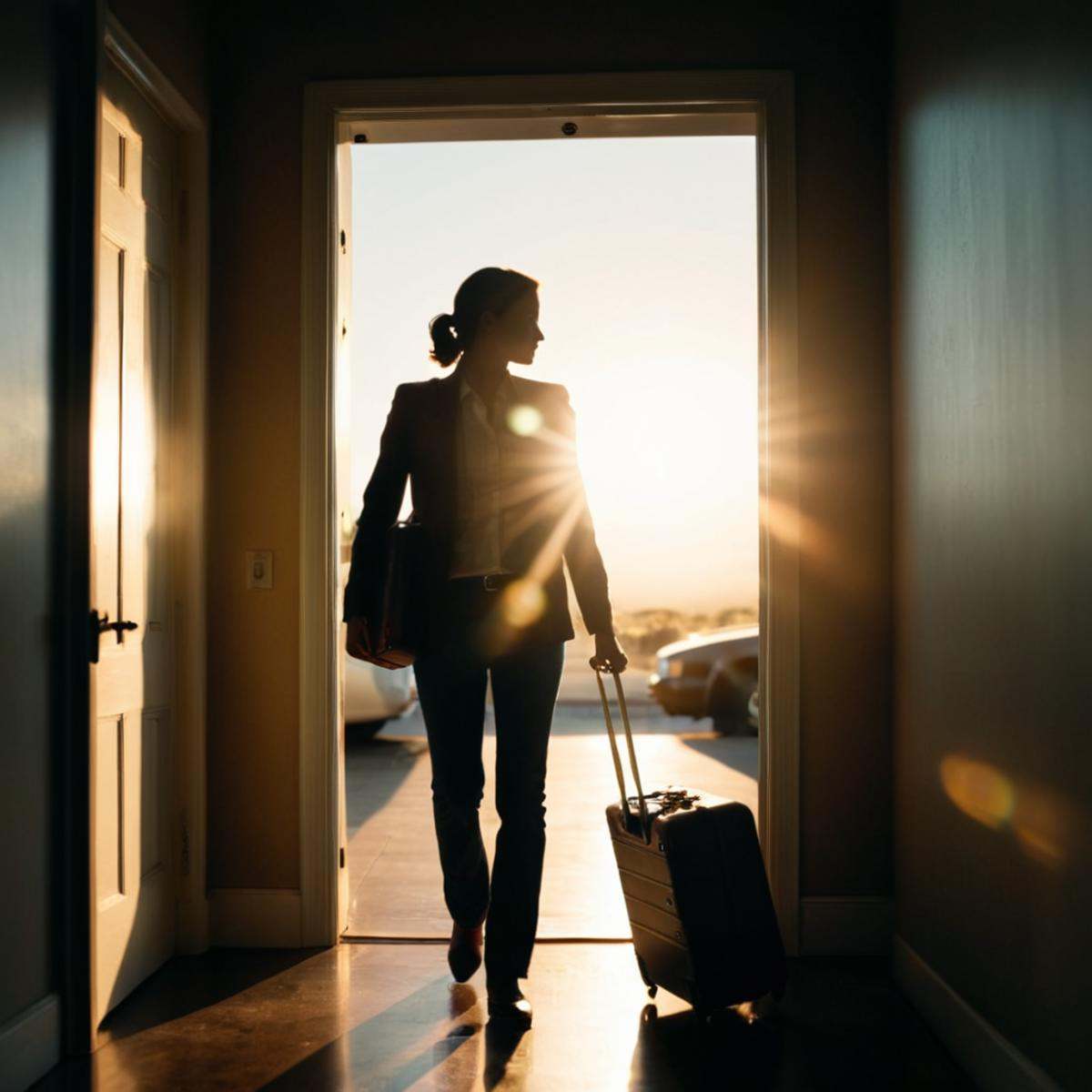 cinematic film still of 1 lens flare reflection a woman standing in a doorway with a suitcase,  1boy,  standing on Tensor.Art