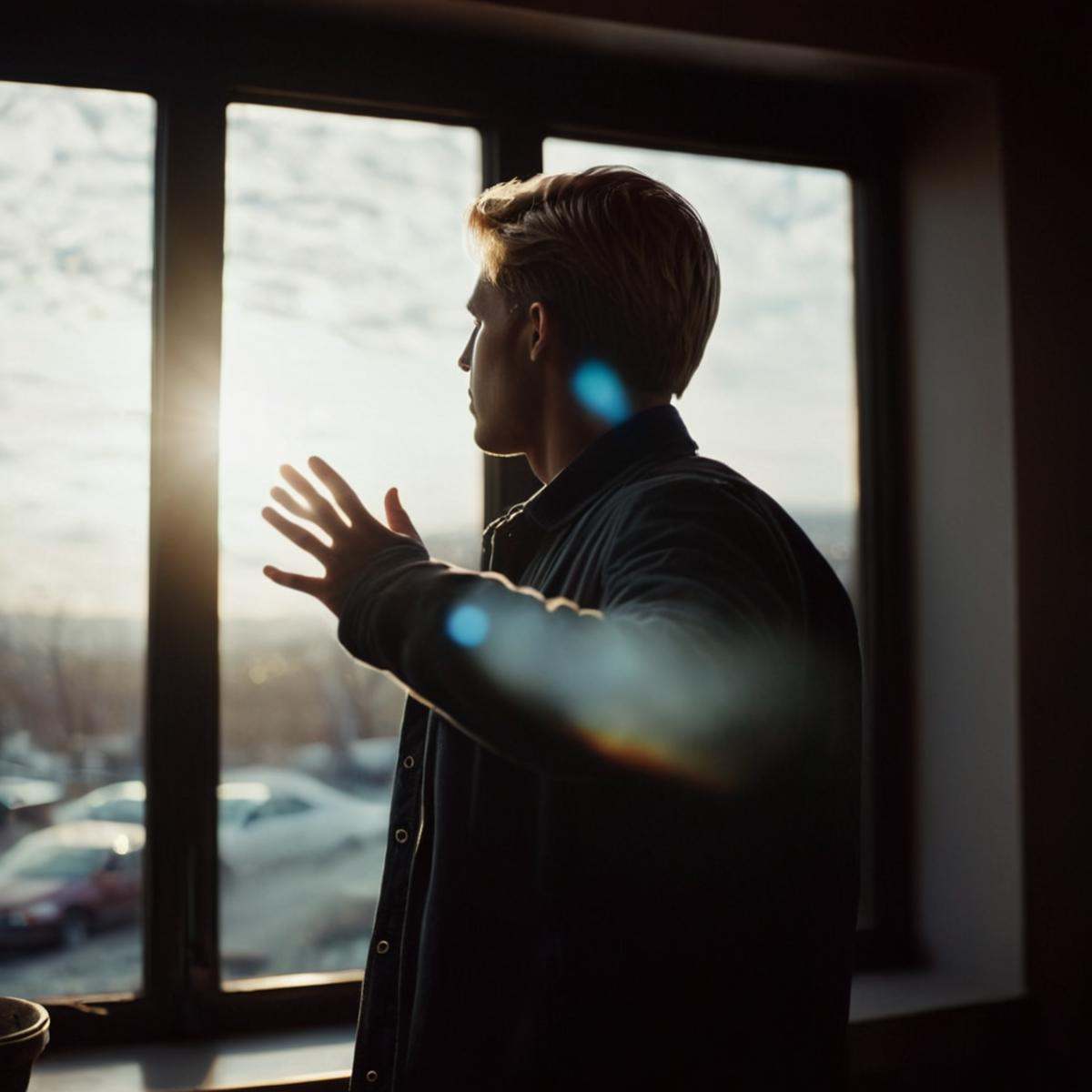 cinematic film still of 1 lens flare reflection a man standing in front of a window with his hand up,  solo,  short hair o...