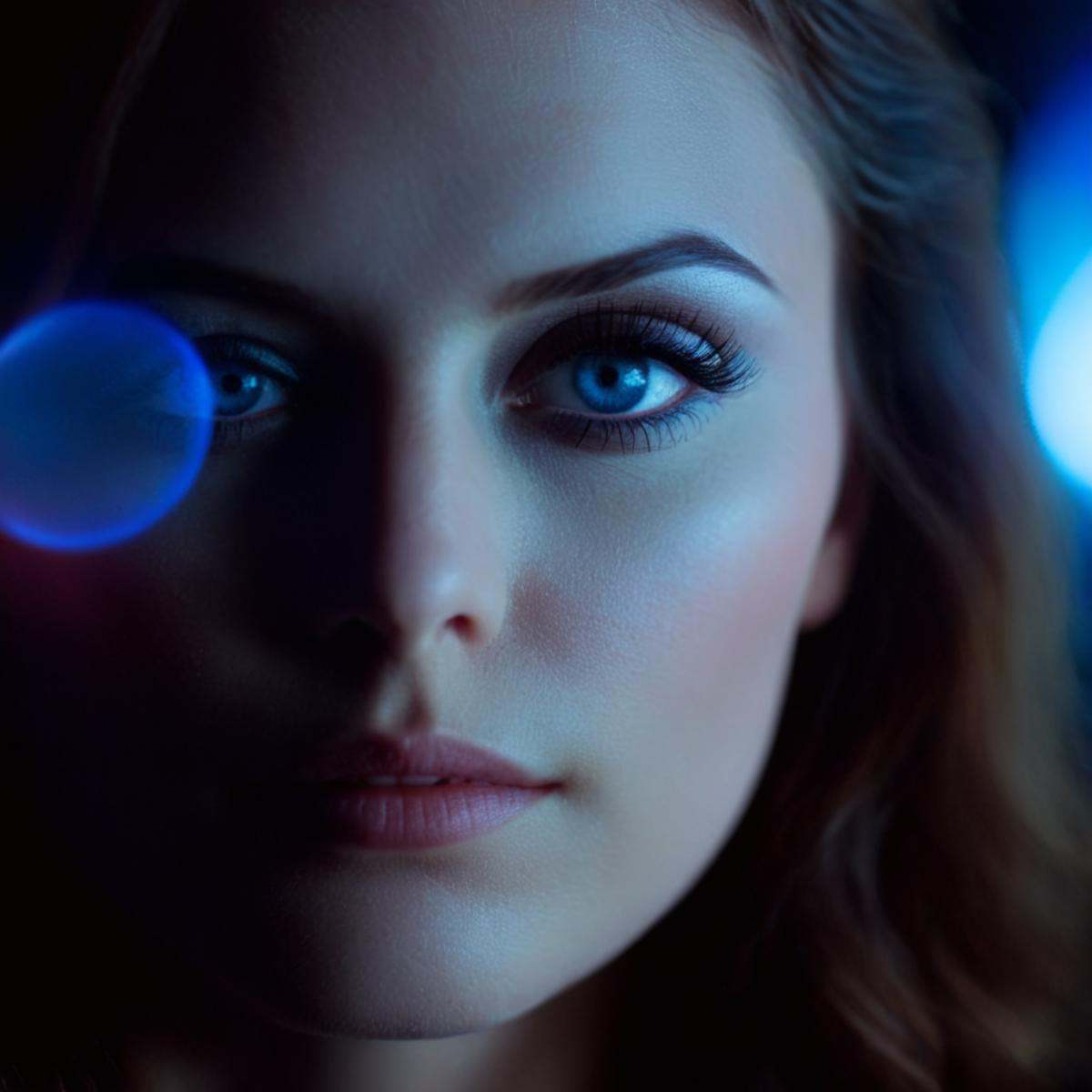 cinematic film still of 1 lens flare reflection a woman's eye with a blue light in the background,  1girl,  solo on Tensor...