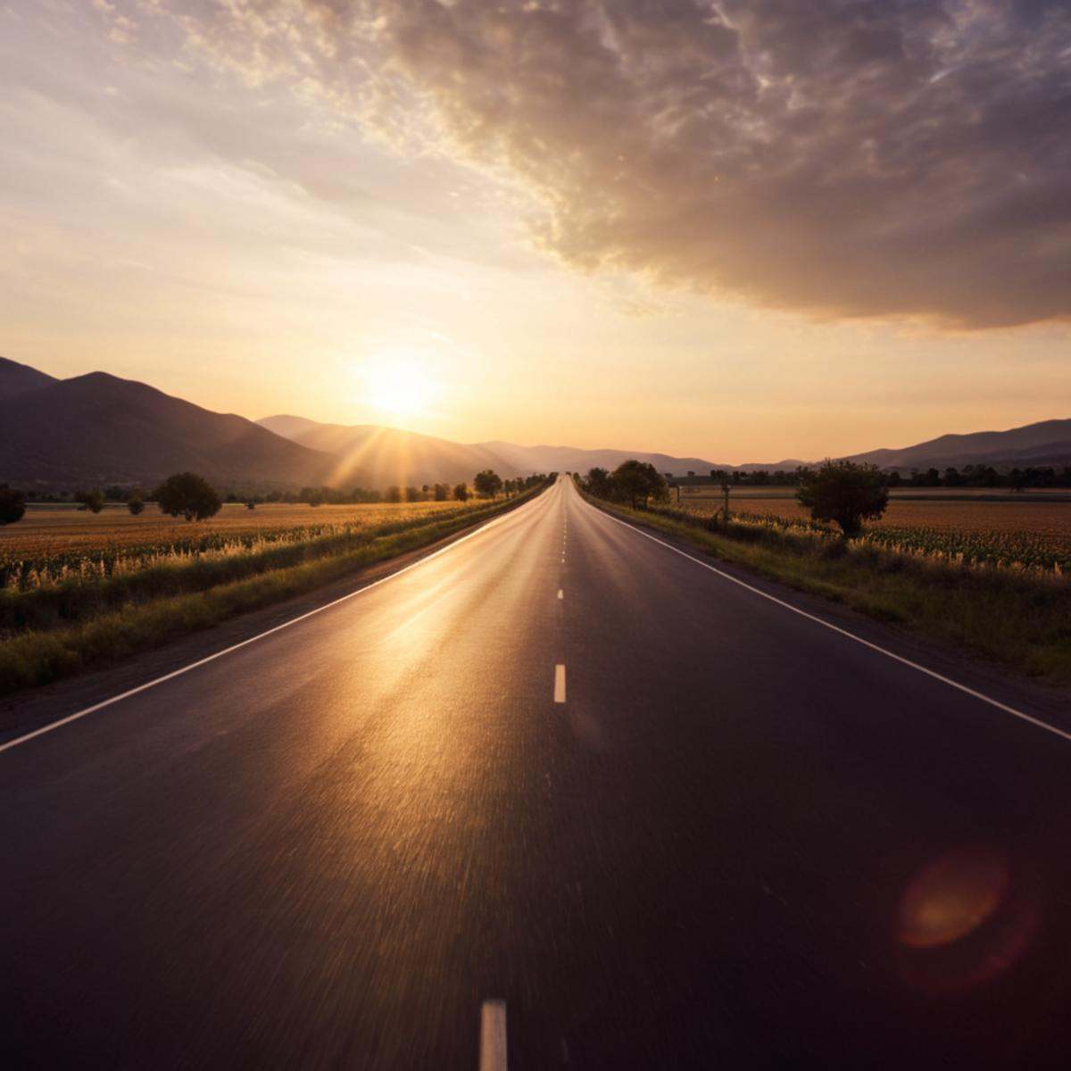 cinematic film still of 1 lens flare reflection a sunset over a road with a field and trees,  outdoors,  sky on Tensor.Art