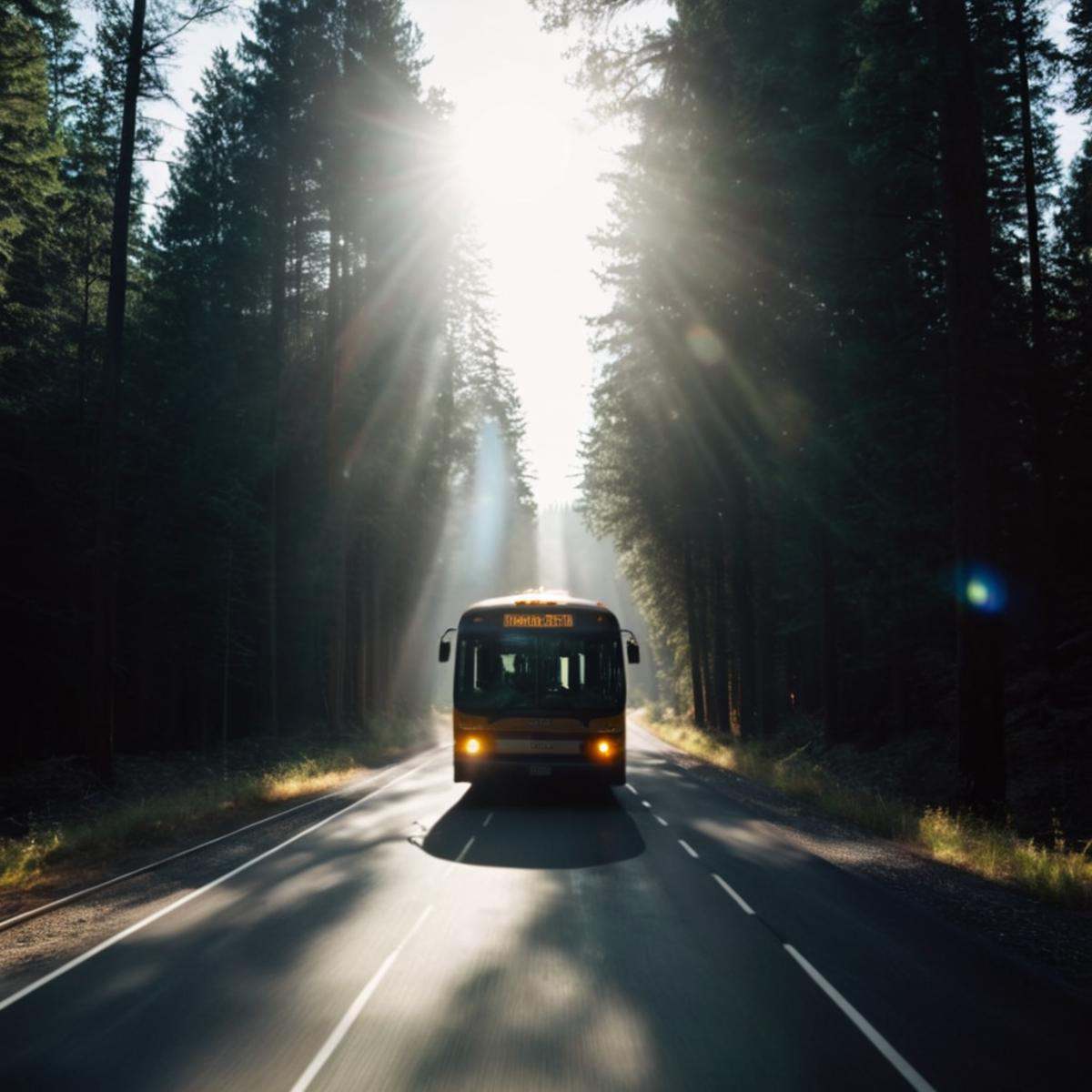 cinematic film still of 1 lens flare reflection a bus driving down a road next to a forest,  outdoors,  tree on Tensor.Art