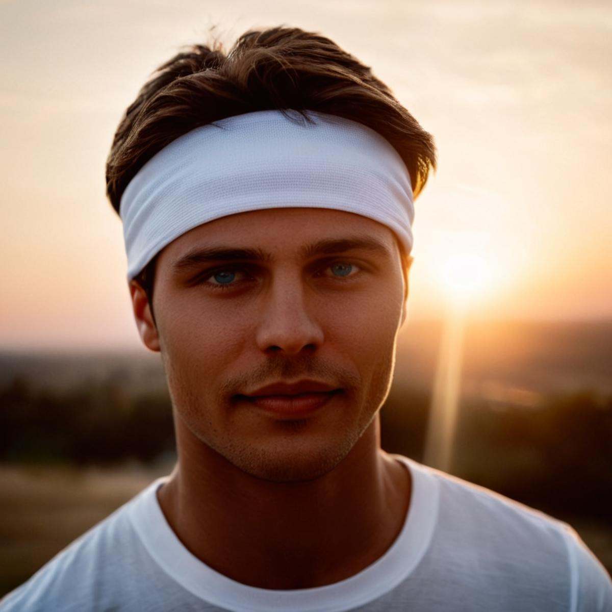 cinematic film still of 1 lens flare reflection a man with a white headband and a white shirt,  solo,  looking at viewer o...