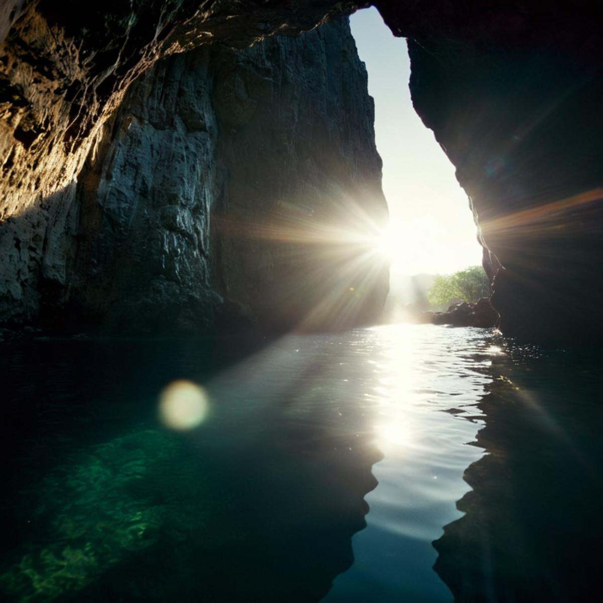 cinematic film still of 1 lens flare reflection a cave with sunlight shining through the water,  outdoors,  no humans on T...