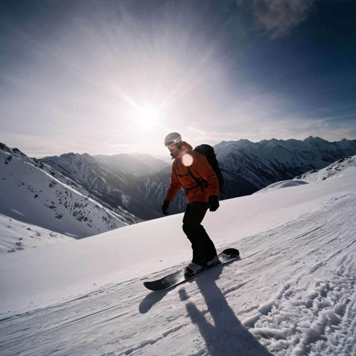 cinematic film still of 1 Anamorphic lens flare reflection a person standing in the snow with a snowboard,  solo,  outdoor...
