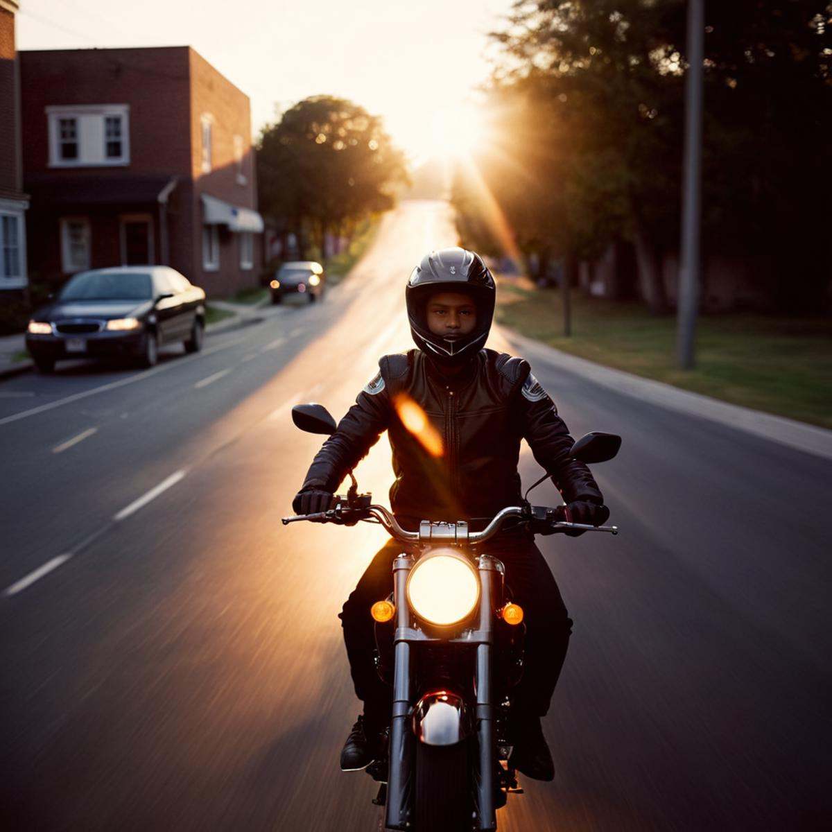 cinematic film still of 1 lens flare reflection a blurry photo of a person riding a bike,  holding,  jacket on Tensor.Art