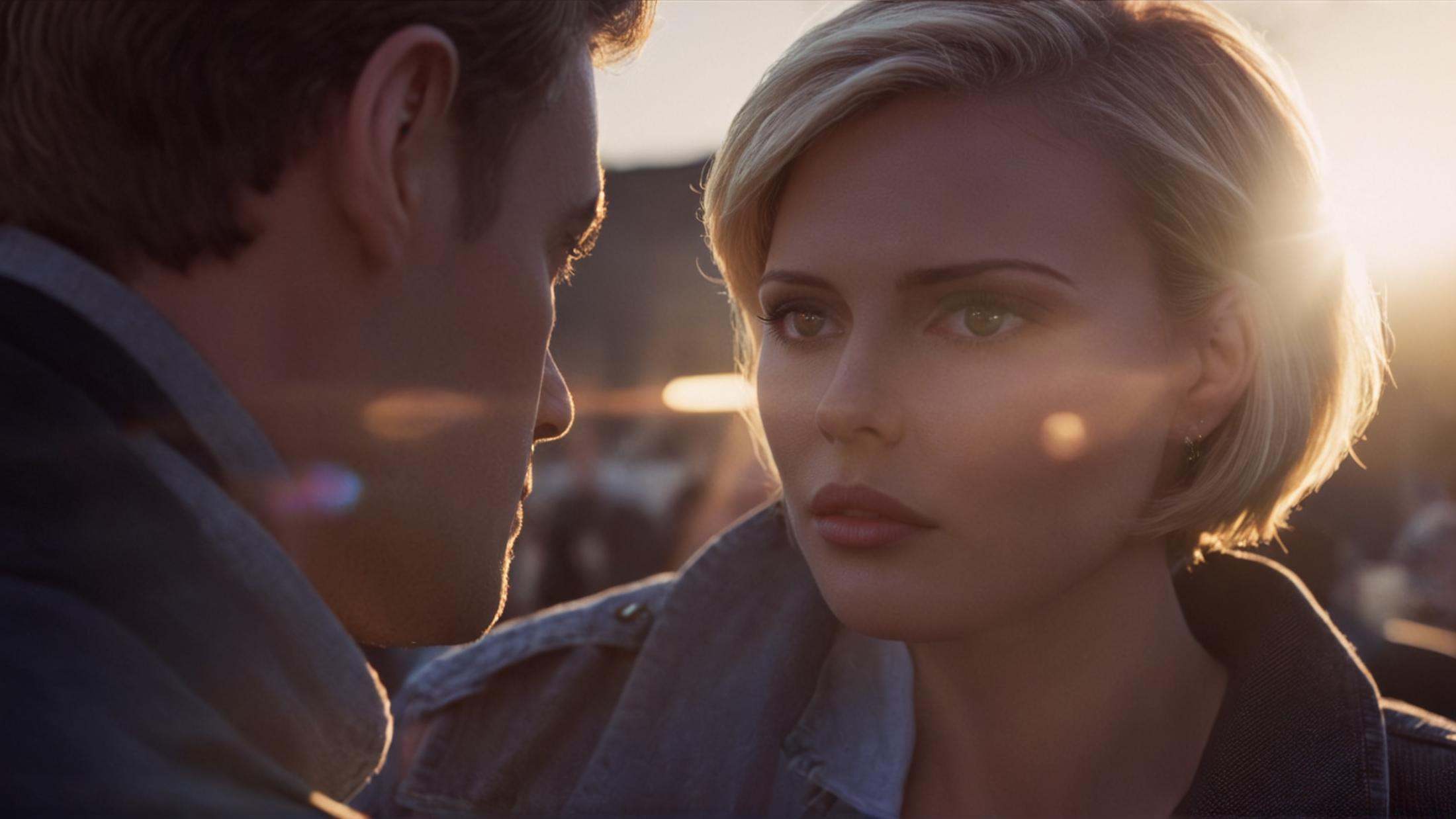 cinematic film still of 1 Anamorphic lens flare reflection a man is looking at a woman's face,  solo,  short hair on Tenso...