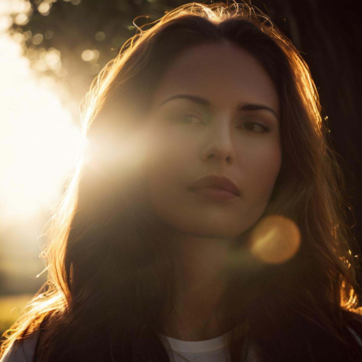 cinematic film still of 1 lens flare reflection a woman with long hair looking at the sun,  1girl,  solo on Tensor.Art
