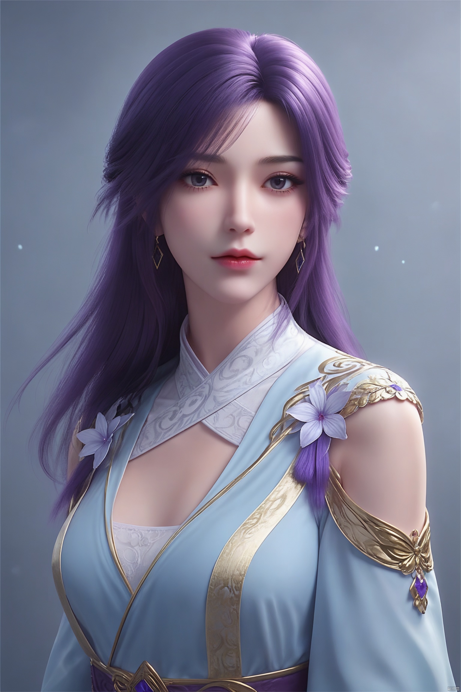 This is a highly detailed digital artwork in the fantasy genre, featuring an ethereal, otherworldly scene. The central figure is a young woman with a pale, delicate complexion and long, flowing purple hair that cascades around her face and shoulders. Her eyes are a striking violet hue, and her expression is somber yet captivating, with a hint of sadness. She is adorned in an intricate, light blue robe adorned with golden patterns and embroidered flowers, which adds to her regal and mystical appearance. 

Surrounding her are delicate, luminous butterflies in shades of purple, blue, and white, which seem to be floating around her, adding to the ethereal atmosphere. The background is a softly blurred, dark, and moody setting, possibly an outdoor night scene with hints of a stone wall and a few glowing orbs, contributing to the mysterious ambiance. The texture of the fabric on her robe is smooth and slightly reflective, while the hair appears silky and voluminous. The overall color palette is dominated by cool tones, with subtle hints of warmth from the golden embroidery. The image is rich in detail and emotion, creating a mesmerizing and dreamlike experience. masterpiece, best quality, score_9, score_8_up, score_7_up,yunxi