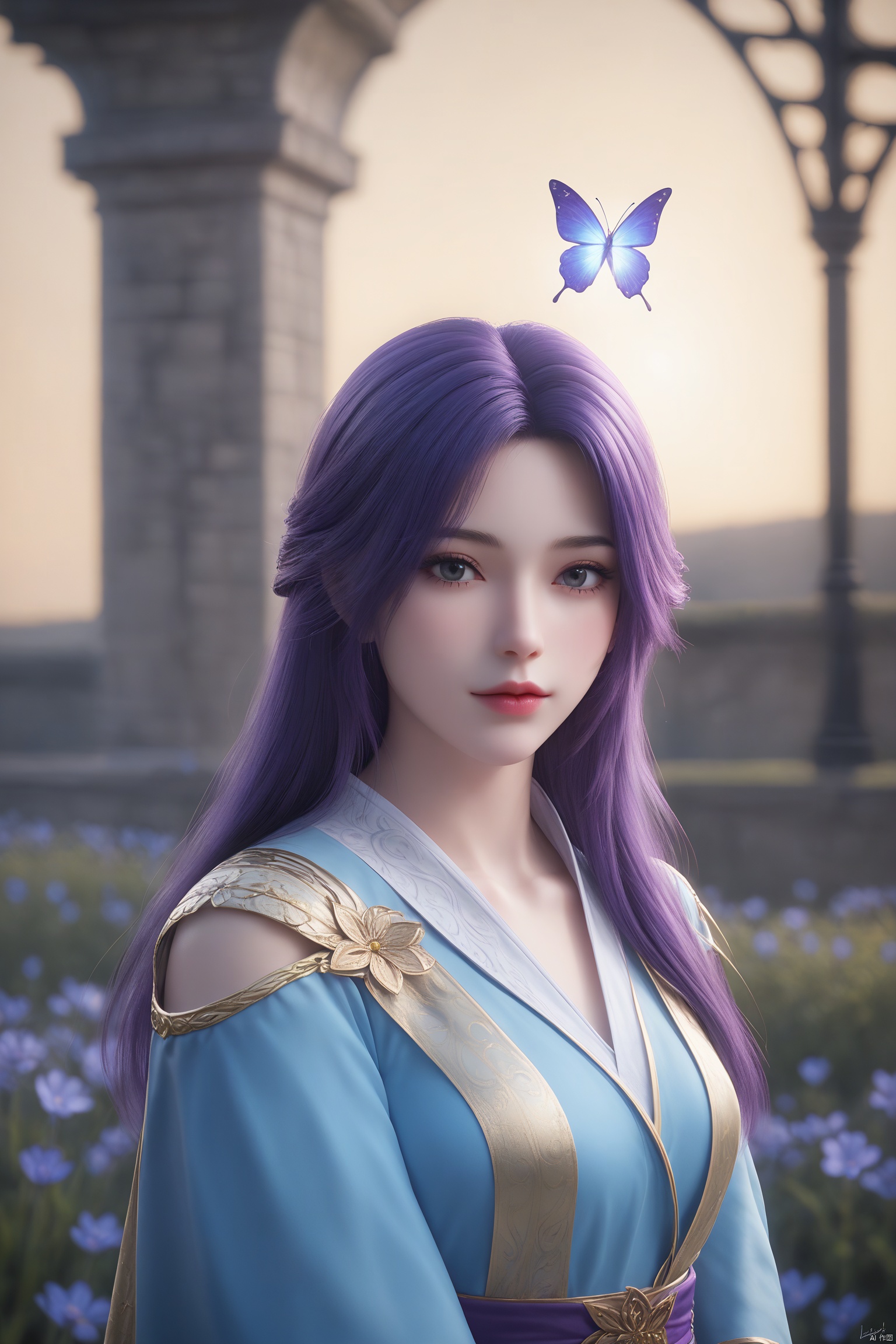 This is a highly detailed digital artwork in the fantasy genre, featuring an ethereal, otherworldly scene. The central figure is a young woman with a pale, delicate complexion and long, flowing purple hair that cascades around her face and shoulders. Her eyes are a striking violet hue, and her expression is somber yet captivating, with a hint of sadness. She is adorned in an intricate, light blue robe adorned with golden patterns and embroidered flowers, which adds to her regal and mystical appearance. 

Surrounding her are delicate, luminous butterflies in shades of purple, blue, and white, which seem to be floating around her, adding to the ethereal atmosphere. The background is a softly blurred, dark, and moody setting, possibly an outdoor night scene with hints of a stone wall and a few glowing orbs, contributing to the mysterious ambiance. The texture of the fabric on her robe is smooth and slightly reflective, while the hair appears silky and voluminous. The overall color palette is dominated by cool tones, with subtle hints of warmth from the golden embroidery. The image is rich in detail and emotion, creating a mesmerizing and dreamlike experience. masterpiece, best quality, score_9, score_8_up, score_7_up,yunxi