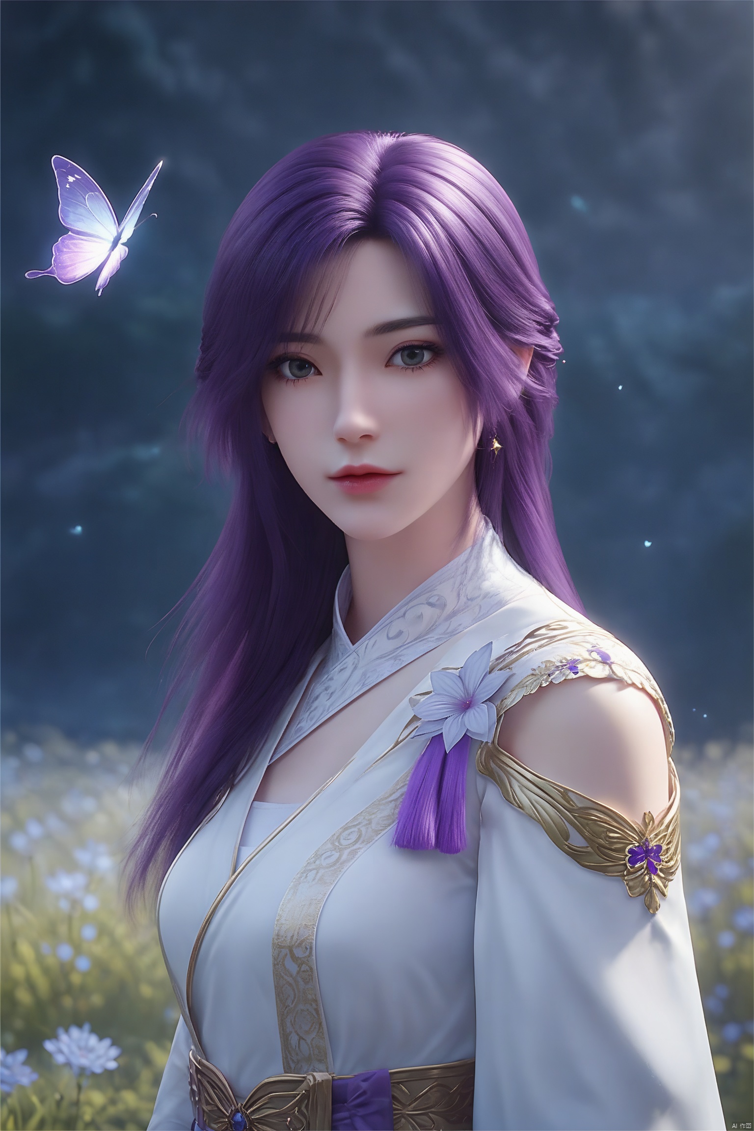 This is a highly detailed digital artwork in the fantasy genre, featuring an ethereal, otherworldly scene. The central figure is a young woman with a pale, delicate complexion and long, flowing purple hair that cascades around her face and shoulders. Her eyes are a striking violet hue, and her expression is somber yet captivating, with a hint of sadness. She is adorned in an intricate, light blue robe adorned with golden patterns and embroidered flowers, which adds to her regal and mystical appearance. 

Surrounding her are delicate, luminous butterflies in shades of purple, blue, and white, which seem to be floating around her, adding to the ethereal atmosphere. The background is a softly blurred, dark, and moody setting, possibly an outdoor night scene with hints of a stone wall and a few glowing orbs, contributing to the mysterious ambiance. The texture of the fabric on her robe is smooth and slightly reflective, while the hair appears silky and voluminous. The overall color palette is dominated by cool tones, with subtle hints of warmth from the golden embroidery. The image is rich in detail and emotion, creating a mesmerizing and dreamlike experience. masterpiece, best quality, score_9, score_8_up, score_7_up,yunxi