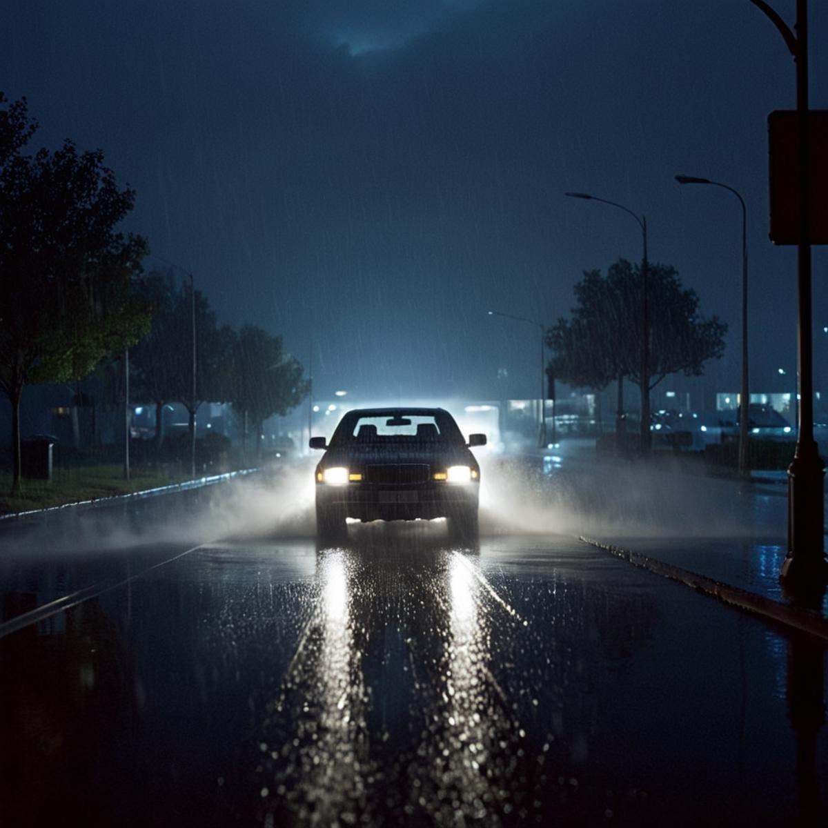 cinematic film still of 1 realism Chiaroscuro Lighting Style Anamorphic lens flare reflection a car driving through a rain...
