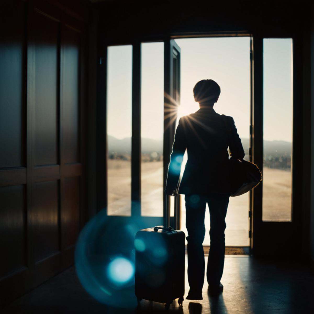 cinematic film still of 1 realism Chiaroscuro Lighting Style warm spherical lens flare reflection a woman standing in a do...