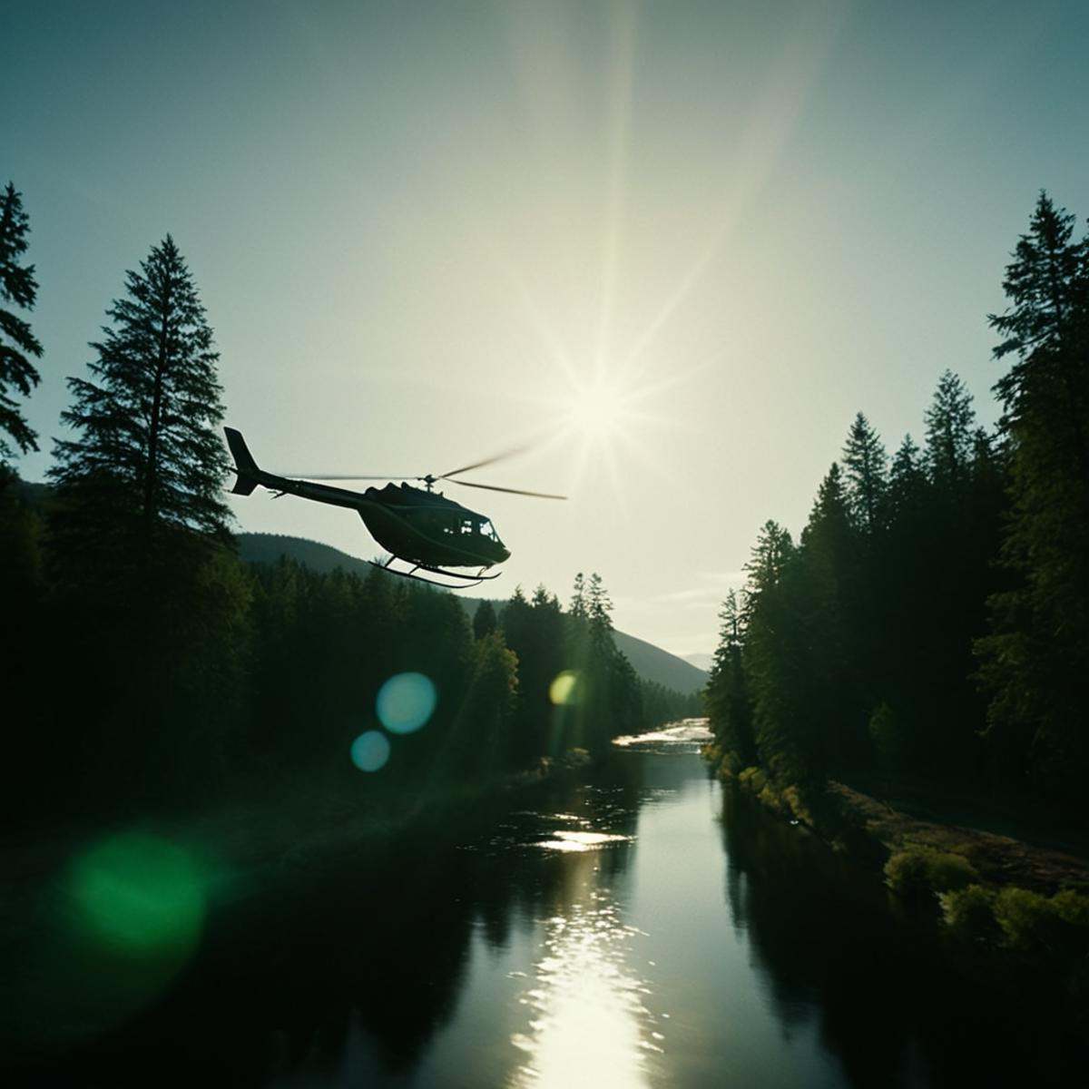 cinematic film still of 1 realism Chiaroscuro Lighting Style action chase scene lens flare reflection a helicopter flying...