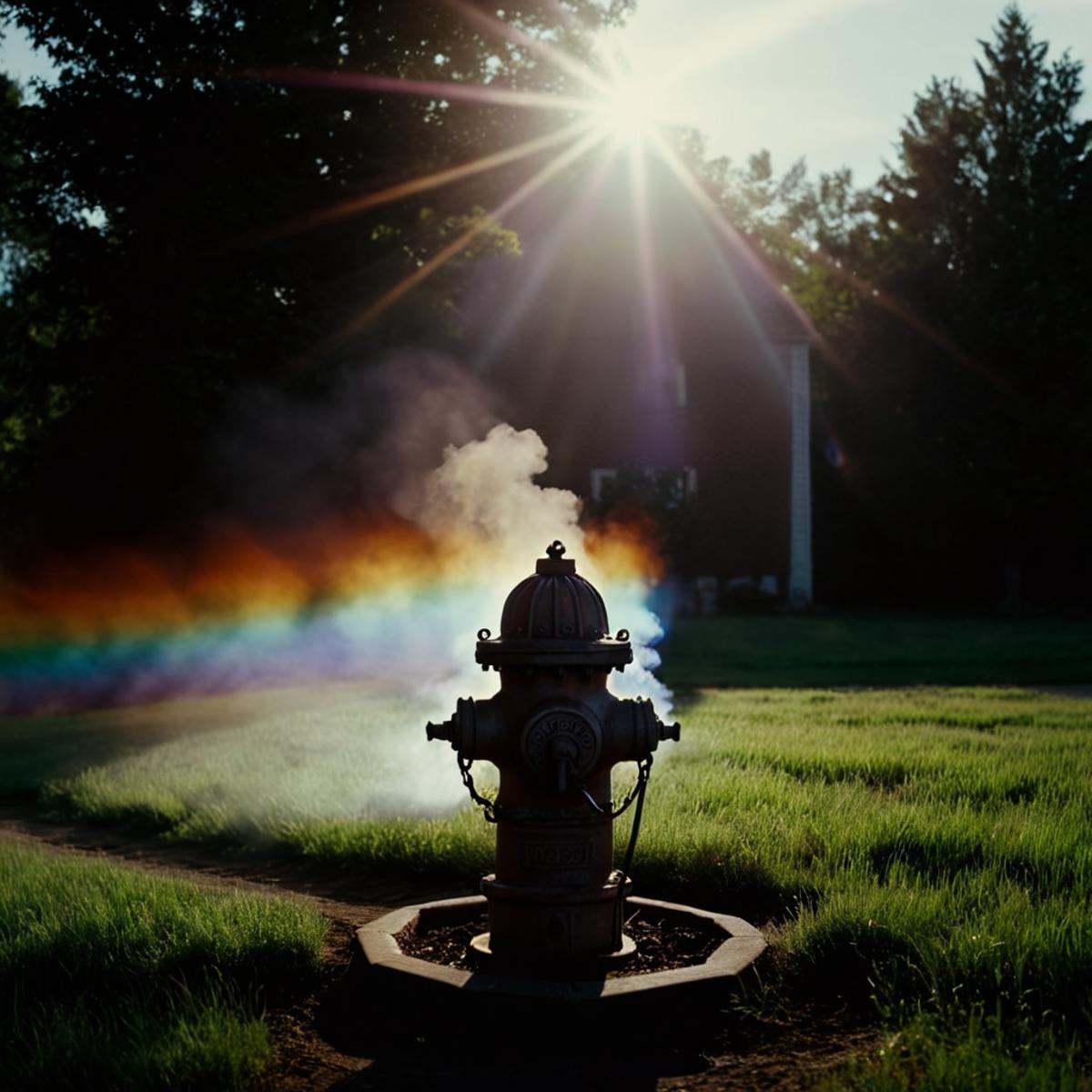 cinematic film still of 1 realism Chiaroscuro Lighting Style perfectrainbow light lens flare reflection a fire hydrant sit...