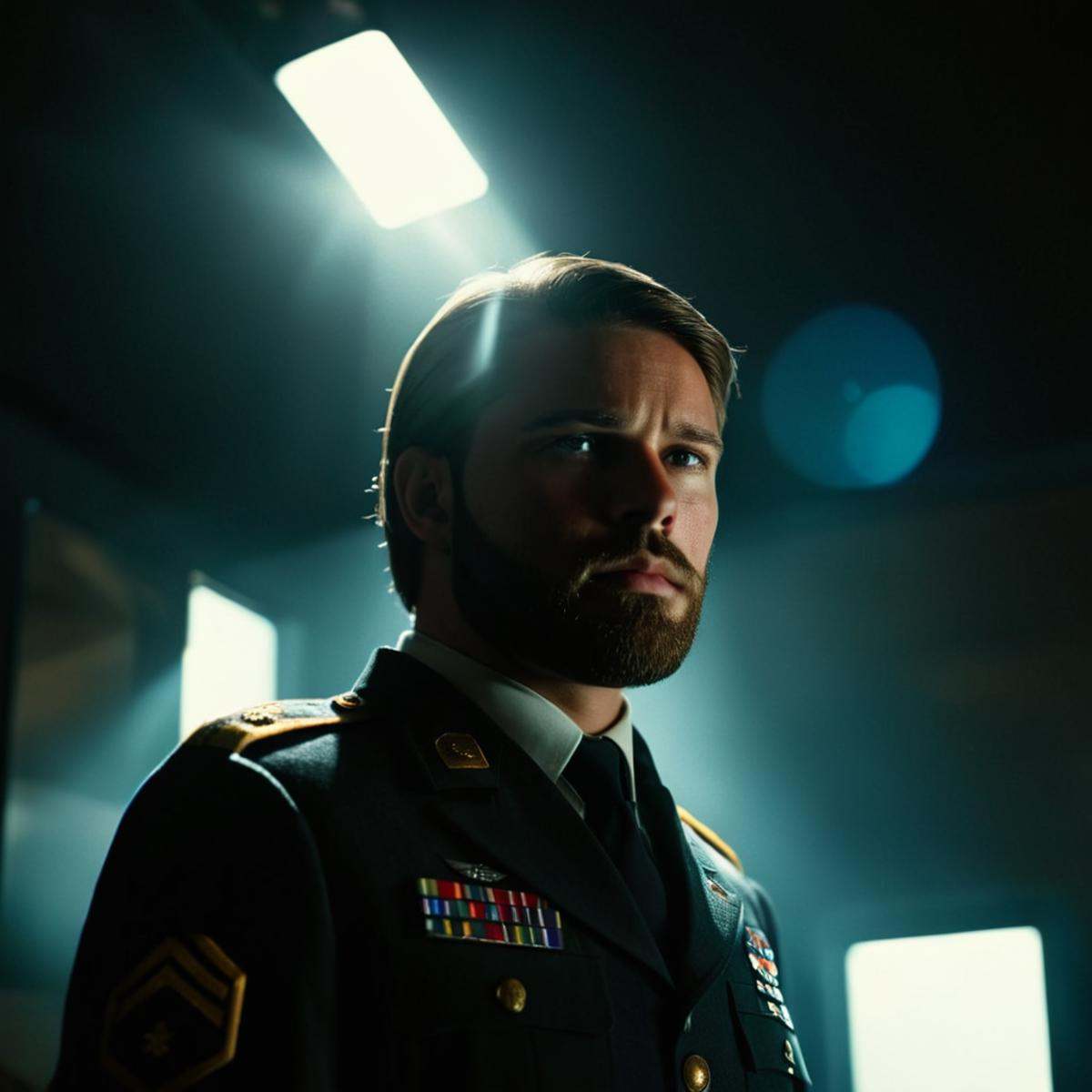 cinematic film still of 1 realism Chiaroscuro Lighting Style Anamorphic lens flare reflection a man standing in front of a...