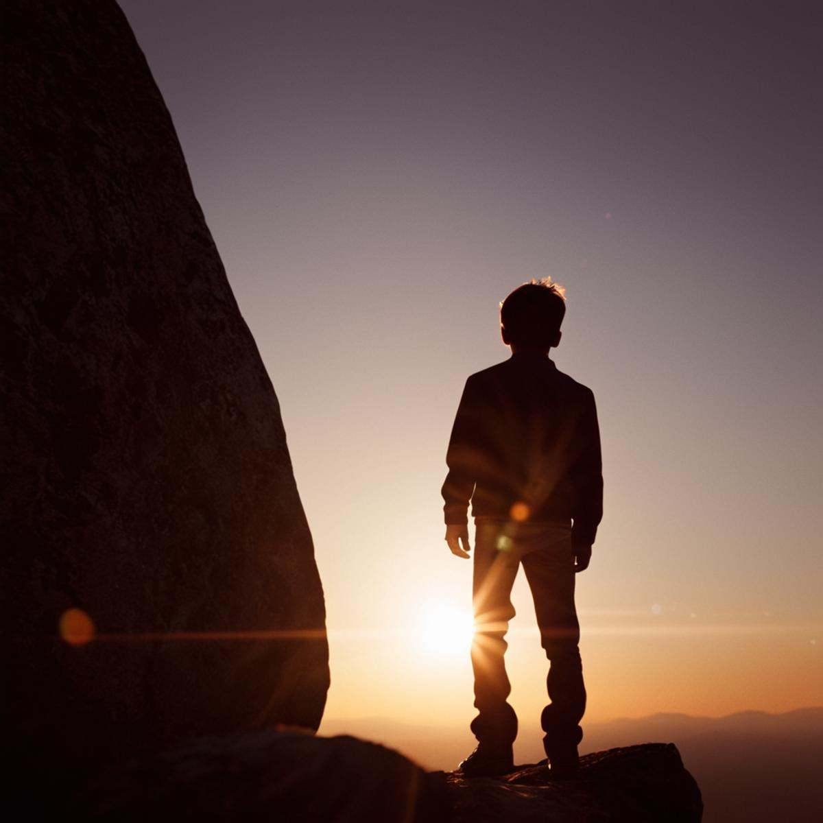 cinematic film still of 1 realism Chiaroscuro Lighting Style Anamorphic lens flare reflection a person standing on a rock...