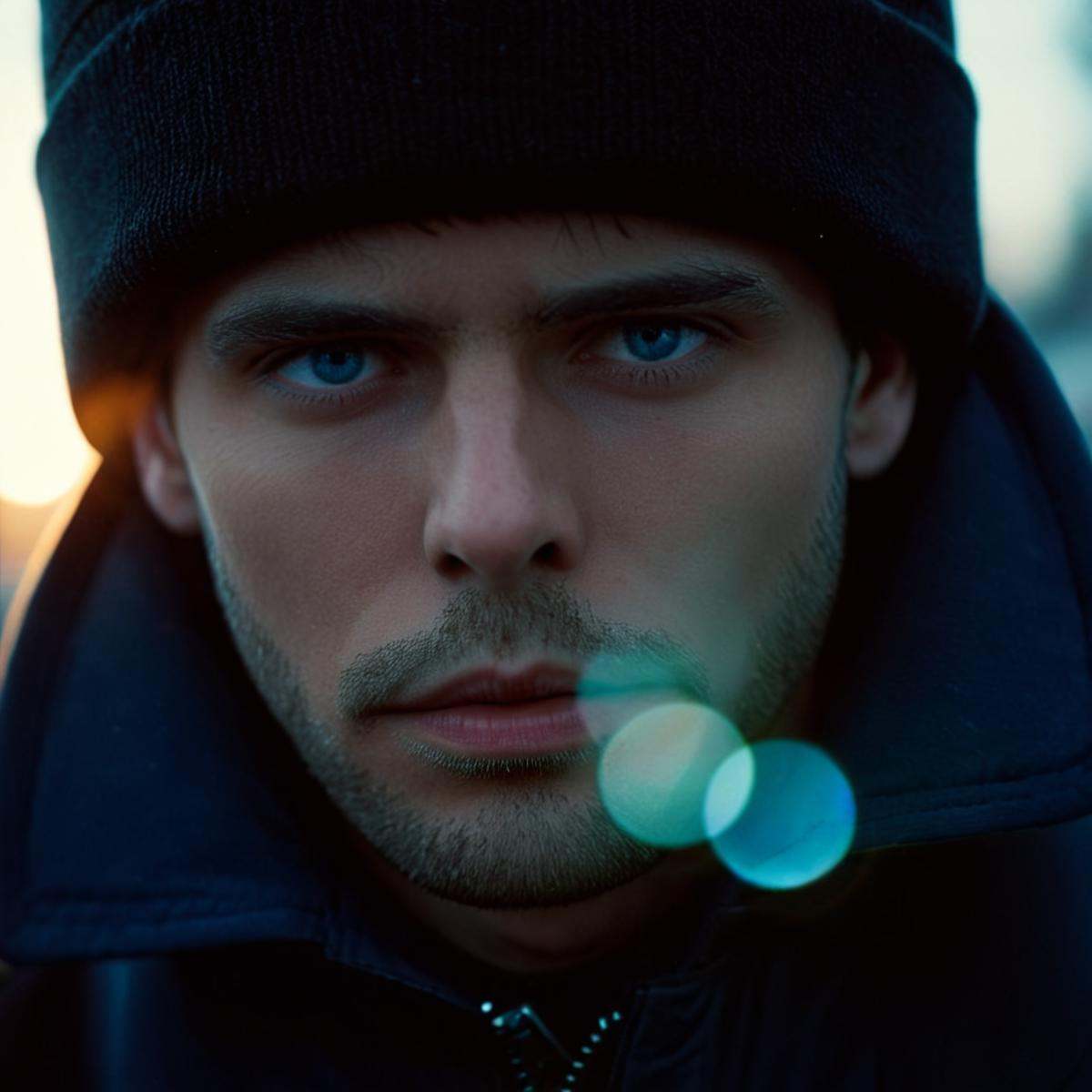 cinematic film still of 1 realism Chiaroscuro Lighting Style Anamorphic lens flare reflection a man in a black coat and a...
