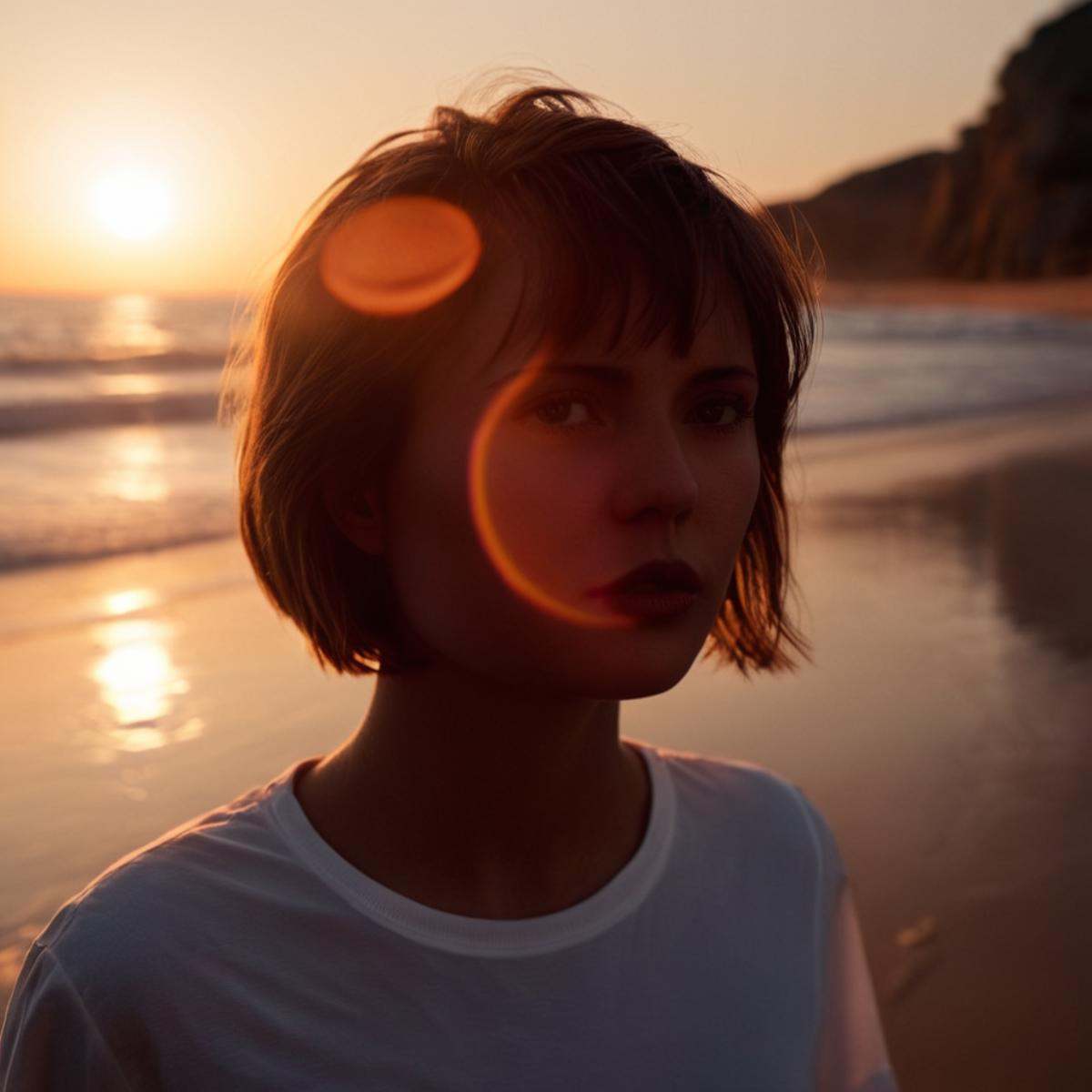 cinematic film still of 1 realism Chiaroscuro Lighting Style red orange sun lens flare reflection a woman standing on a be...