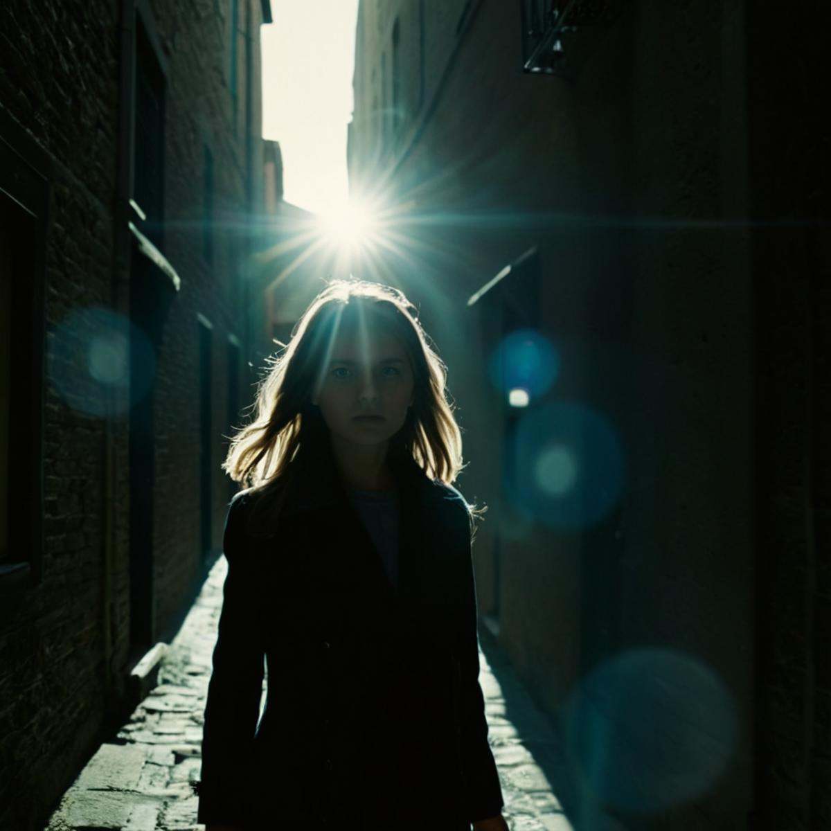 cinematic film still of 1 realism Chiaroscuro Lighting Style Anamorphic lens flare reflection a person walking down a narr...