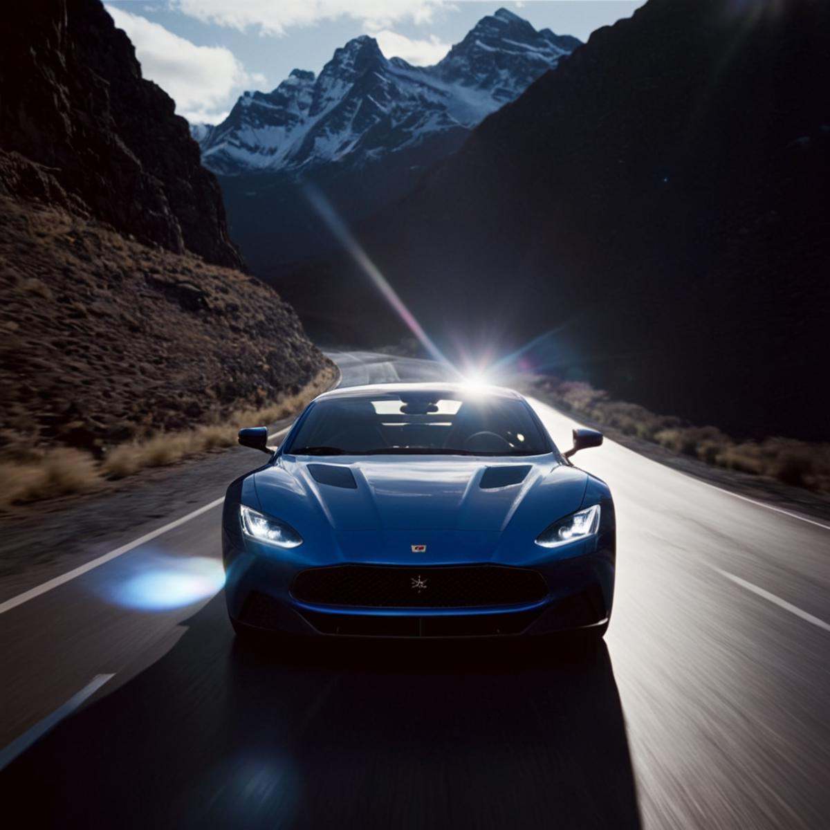 cinematic film still of 1 realism Chiaroscuro Lighting Style Anamorphic lens flare reflection a blue sports car driving do...