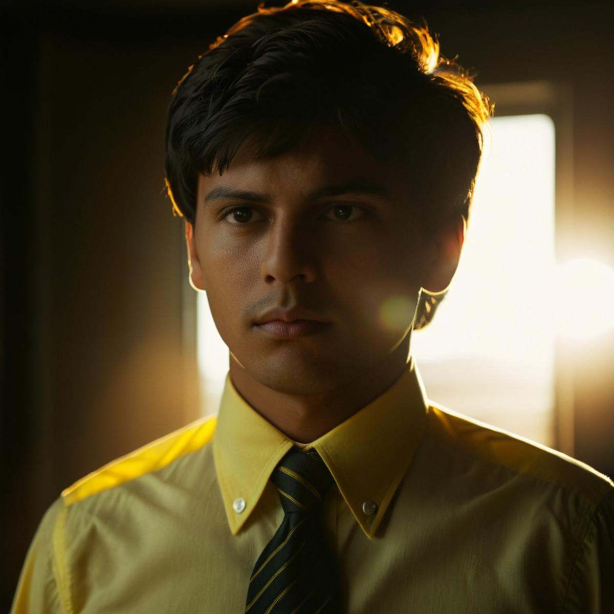 cinematic film still of 1 realism Chiaroscuro Lighting Style spherical lens flare reflection a man with a tie and a yellow...
