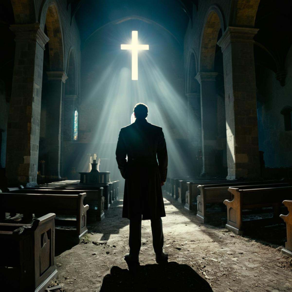 cinematic film still of 1 realism Chiaroscuro Lighting Style Anamorphic lens flare reflection a man standing in a dark chu...