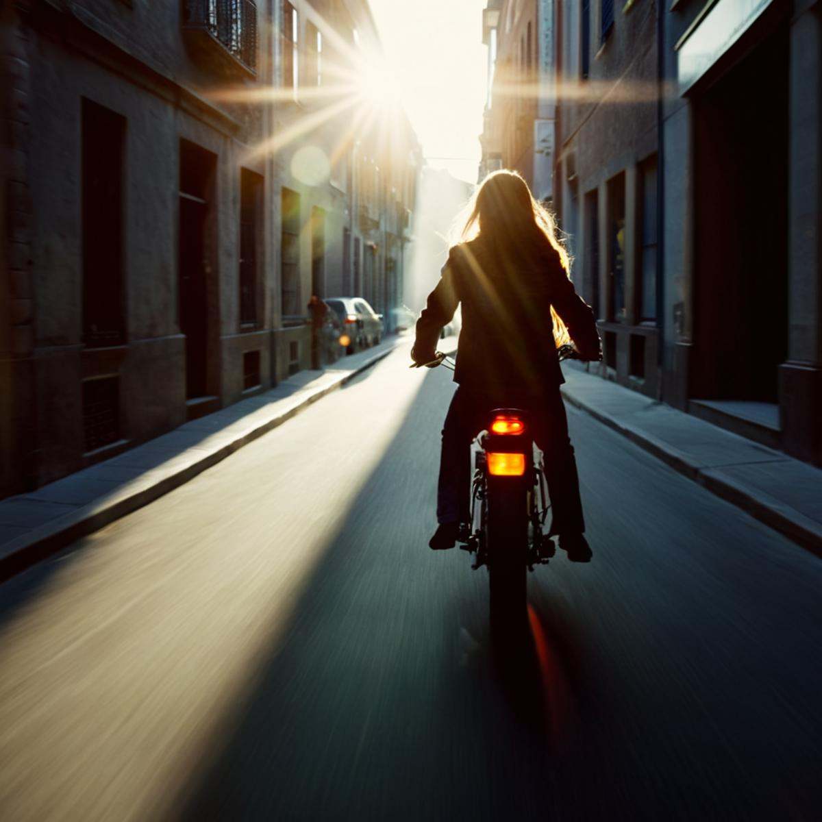 cinematic film still of 1 realism Chiaroscuro Lighting Style Anamorphic lens flare reflection a person riding a bike down...