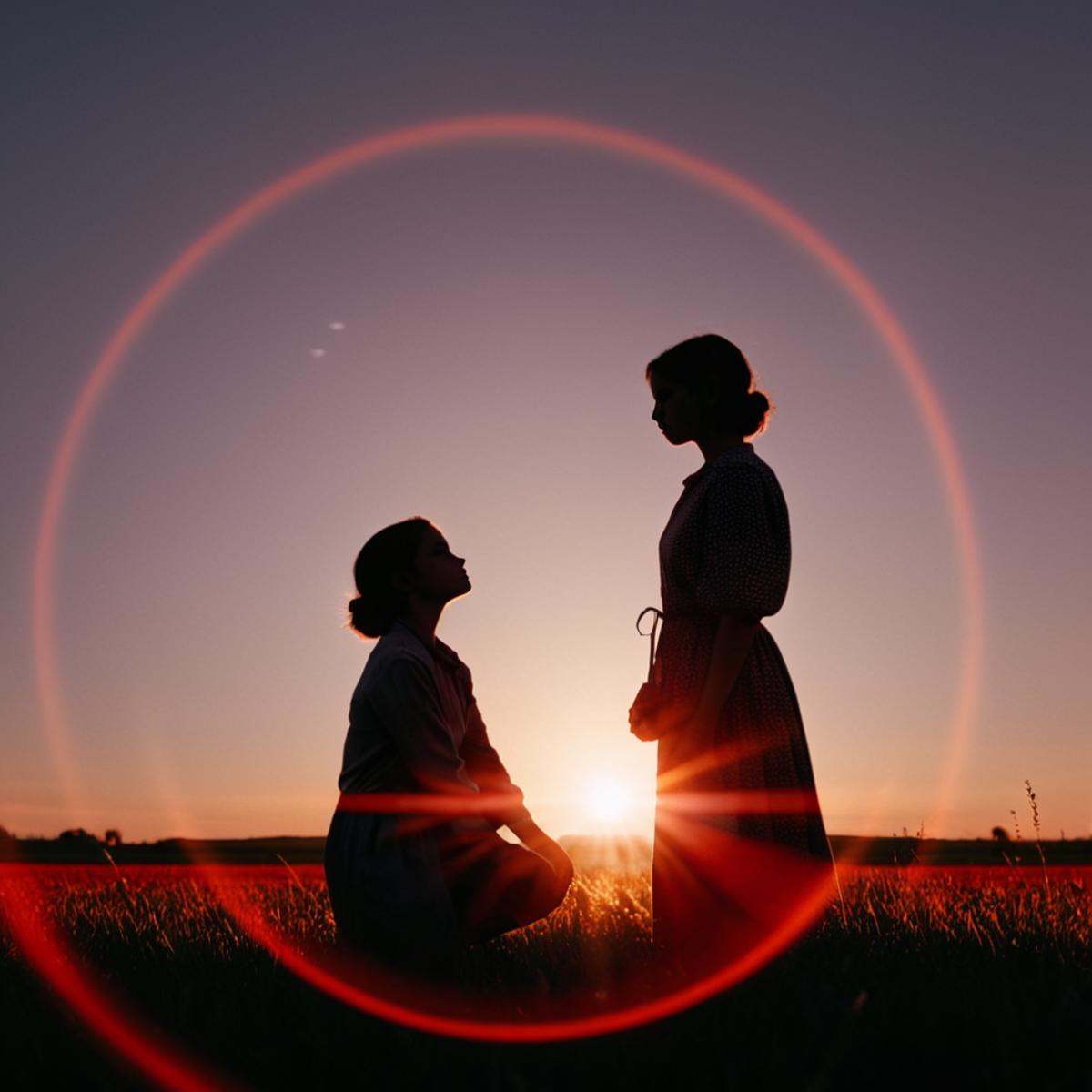 cinematic film still of 1 realism Chiaroscuro Lighting Style red sun spherical lens flare reflection a person standing in...