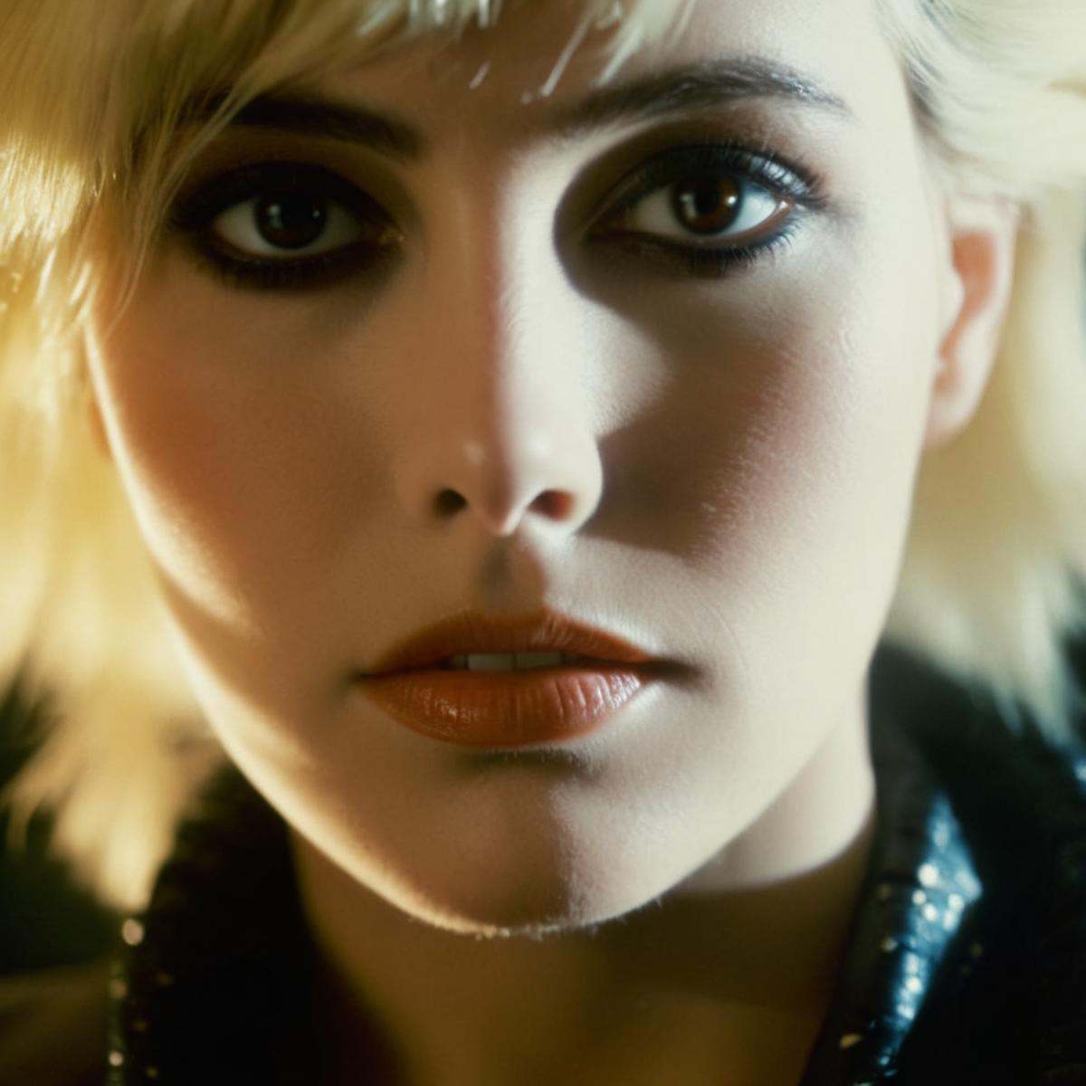 cinematic film still of closeup,  Kodak Eastman 100T 5247 Cinematic 1982 Film Stock Footage of Pris a blonde woman with a...