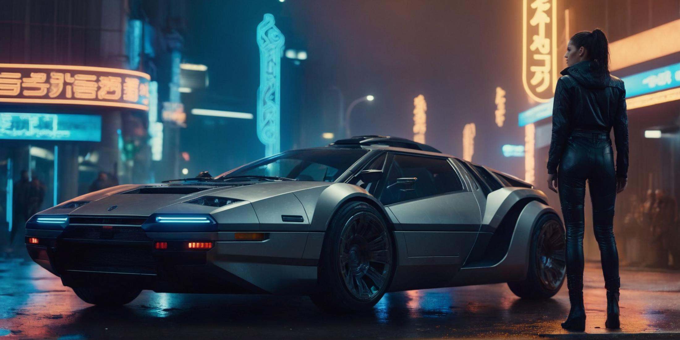 cinematic film still of Cinematic Hyperrealistic Artstation Artwork of a cyberpunk woman standing next to a futuristic car...