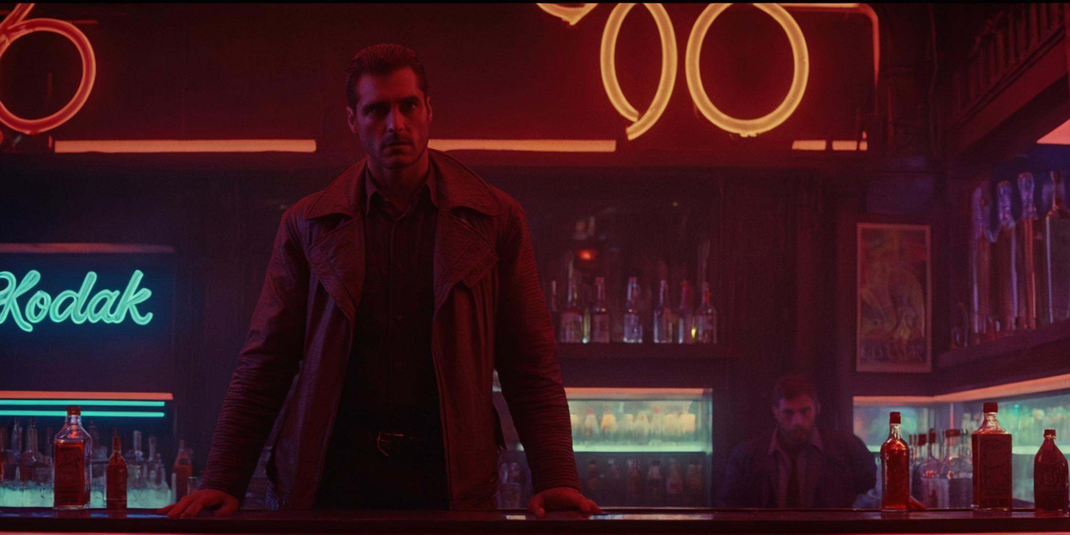 Dark Fantasy Art of Kodak Eastman 100T 5247 Cinematic 1982 Film Stock Footage of a man standing in front of a bar with a l...