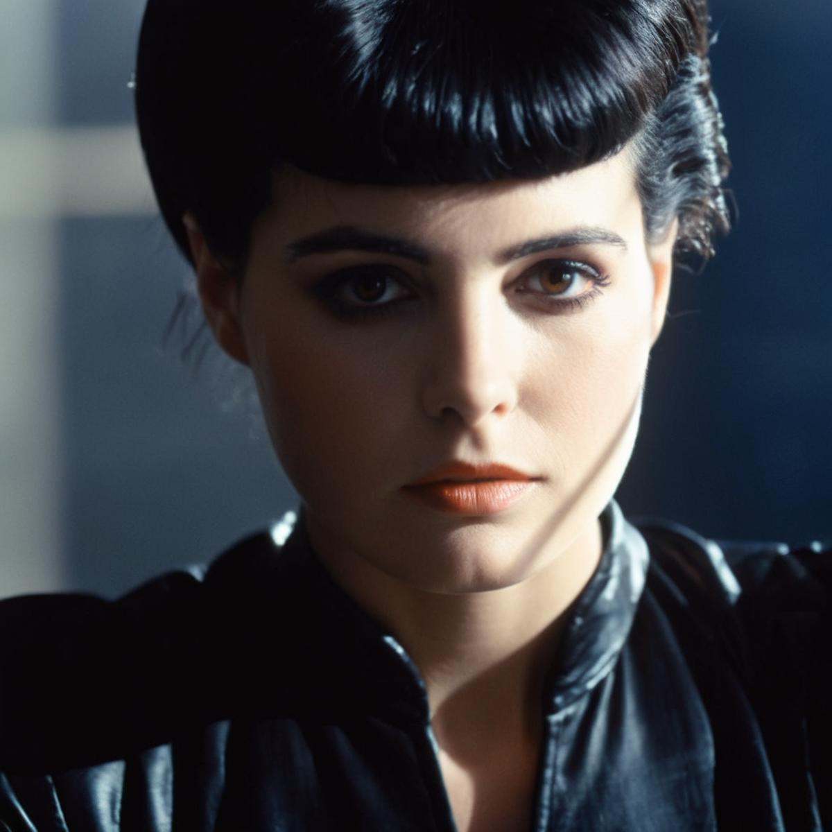 cinematic film still of medium closeup shot,  Kodak Eastman 100T 5247 Cinematic 1982 Film Stock Footage of Rachael a woman...