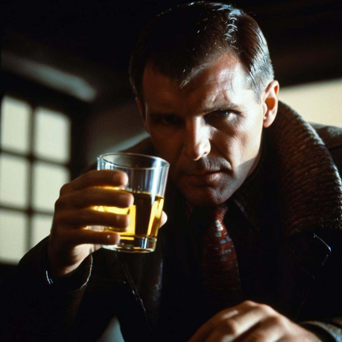 cinematic film still of medium shot,  Kodak Eastman 100T 5247 Cinematic 1982 Film Stock Footage of Rick Deckard a man part...