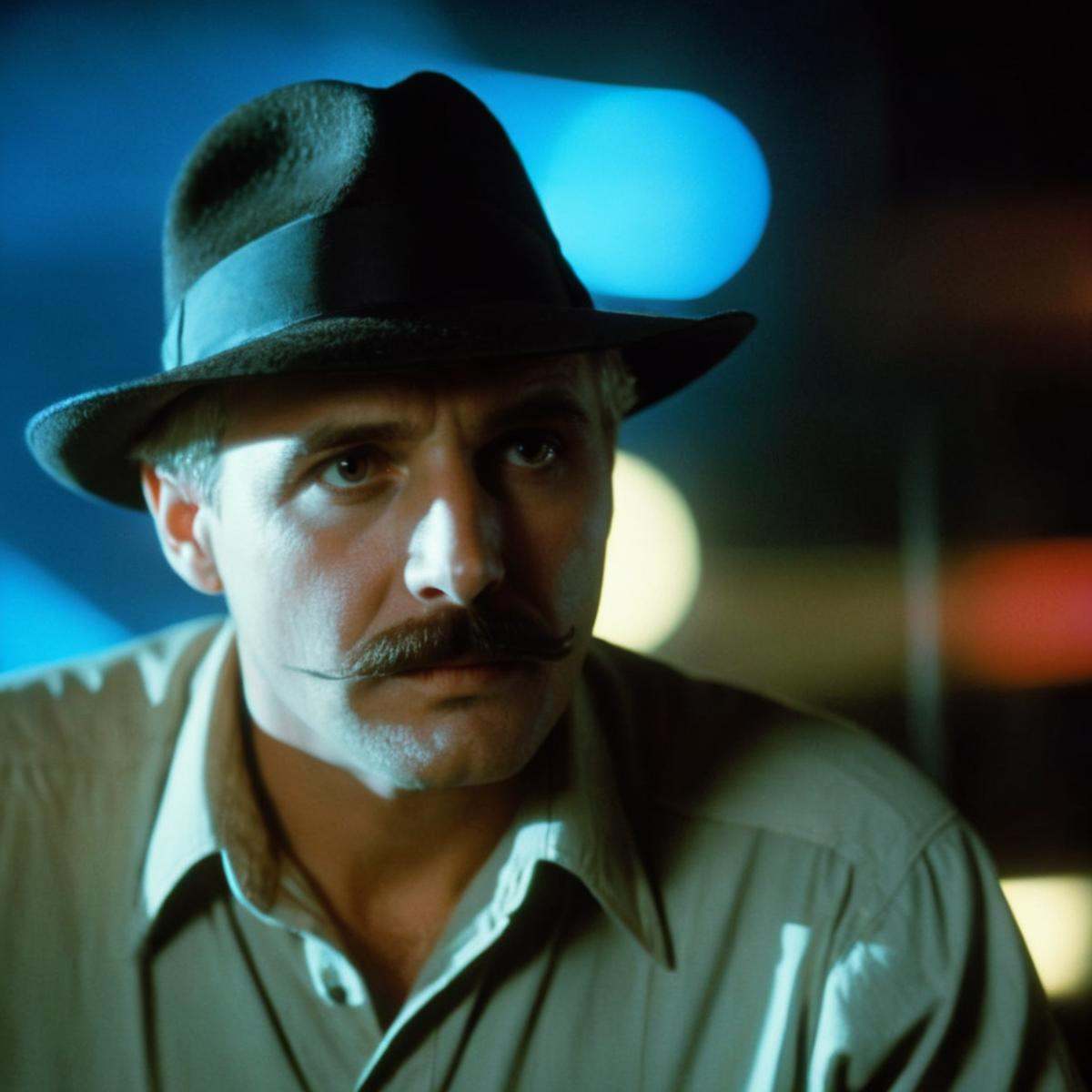cinematic film still of Kodak Eastman 100T 5247 Cinematic 1982 Film Stock Footage of Gaff a man with a mustache and a hat...