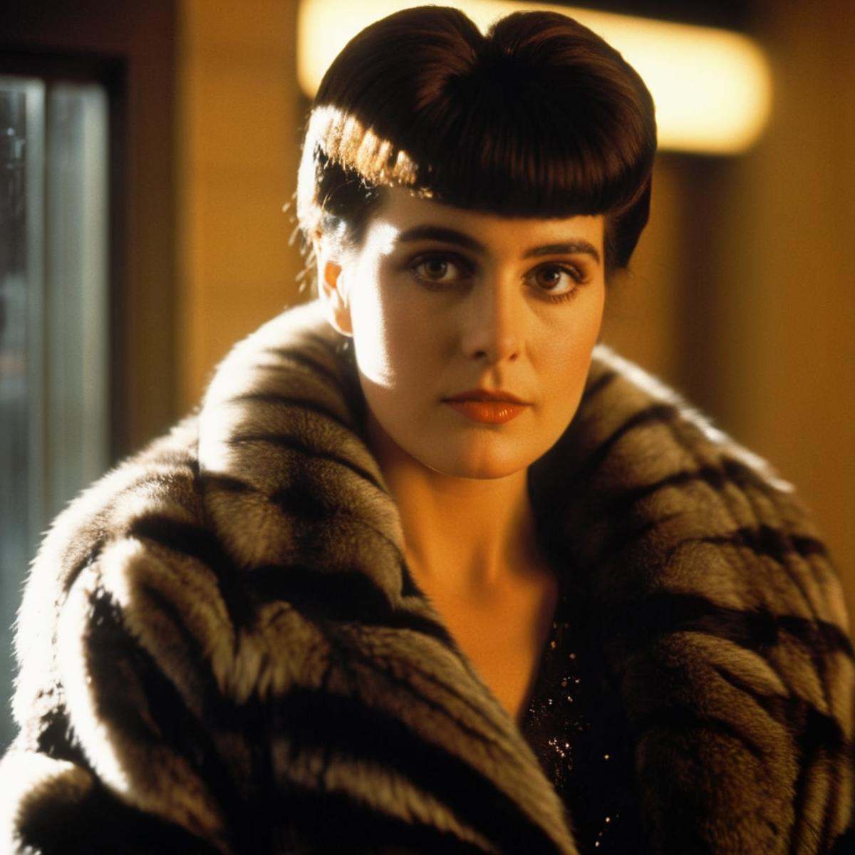 cinematic film still of Kodak Eastman 100T 5247 Cinematic 1982 Film Stock Footage of Rachael a woman in a fur coat is star...
