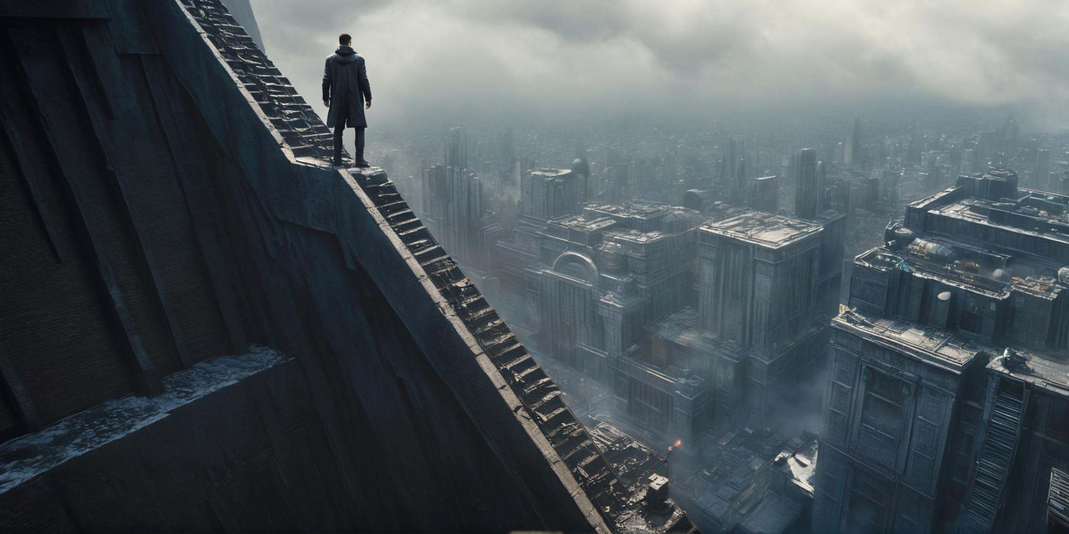 Dark Fantasy Art of High angle from above Cinematic Hyperrealistic Artstation Artwork of a man hanging over a ledge of a t...